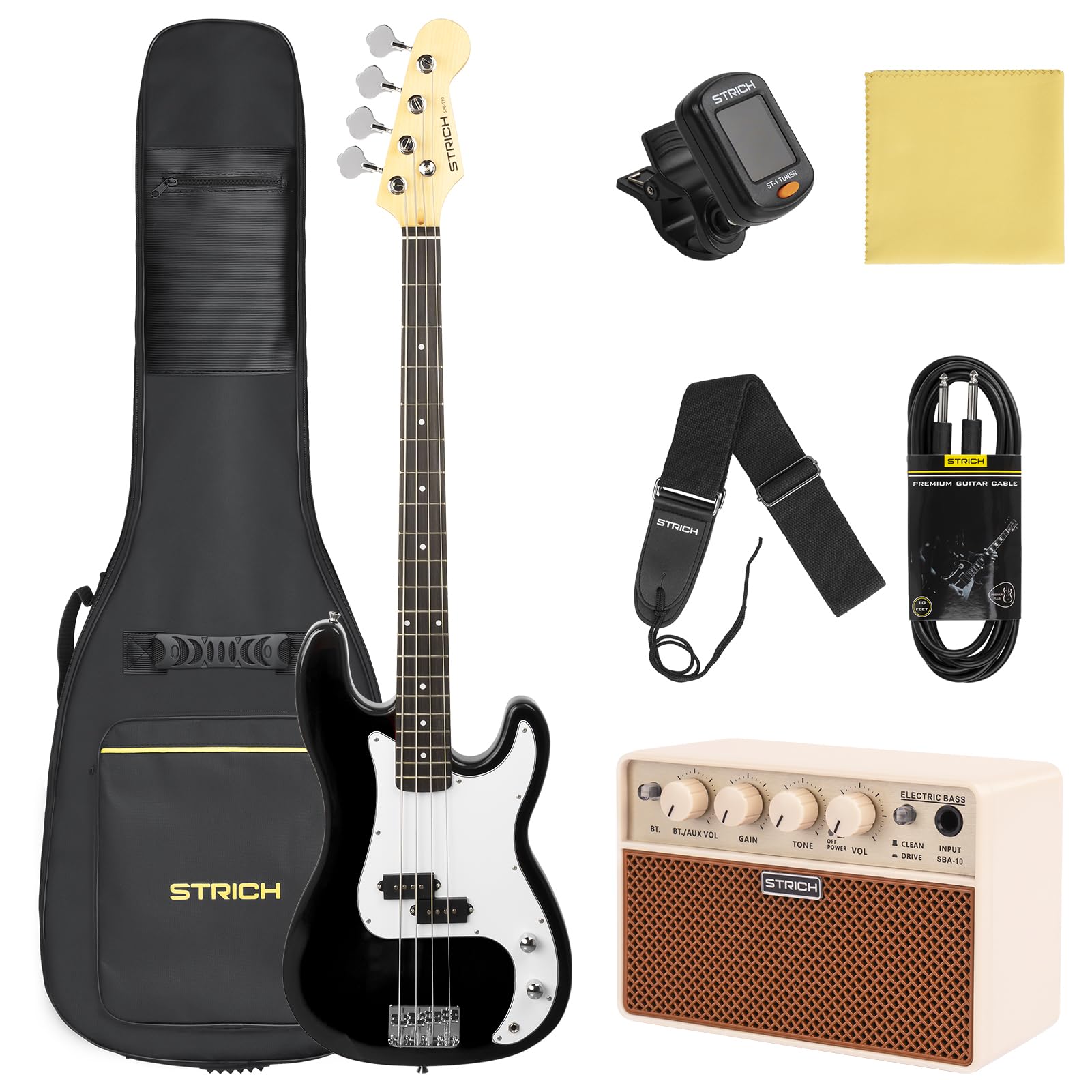 STRICH 4-String Electric Bass Guitar Full Size Beginner Kit - PB-Style Standard Bass with 20W Amp, Gig Bag, Tuner, Strap & Cable (SPB-S10 Black) - Perfect for Beginners, Practice & Live Performances
