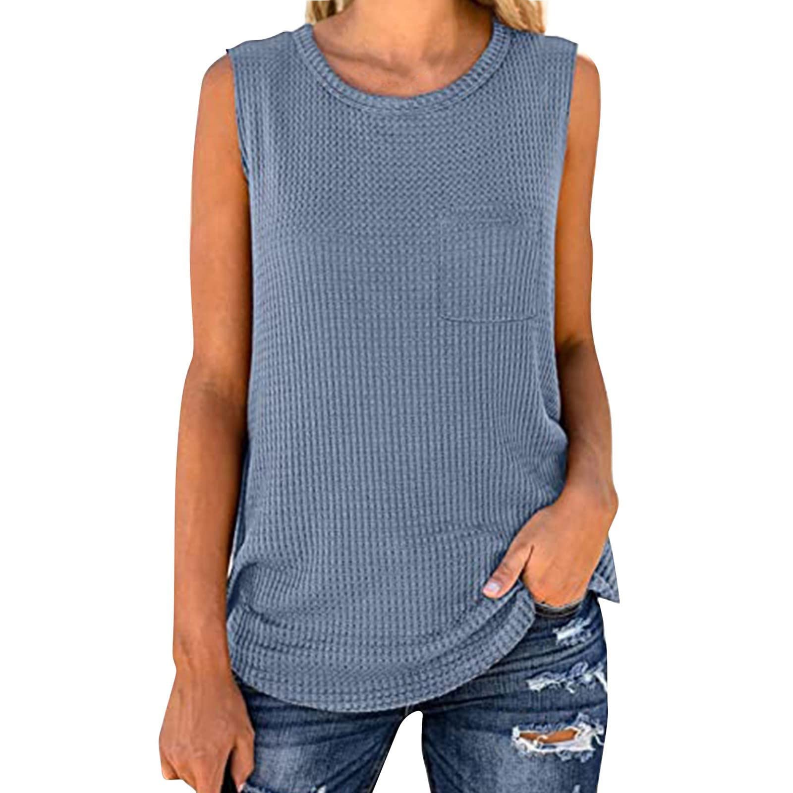 Women's Summer Tank Tops - Crew Neck Sleeveless Solid Color Casual Tee Shirts | Loose Fit Waffle Knit Fabric | Blue Size L | Perfect for Beach, Gym & Everyday Wear