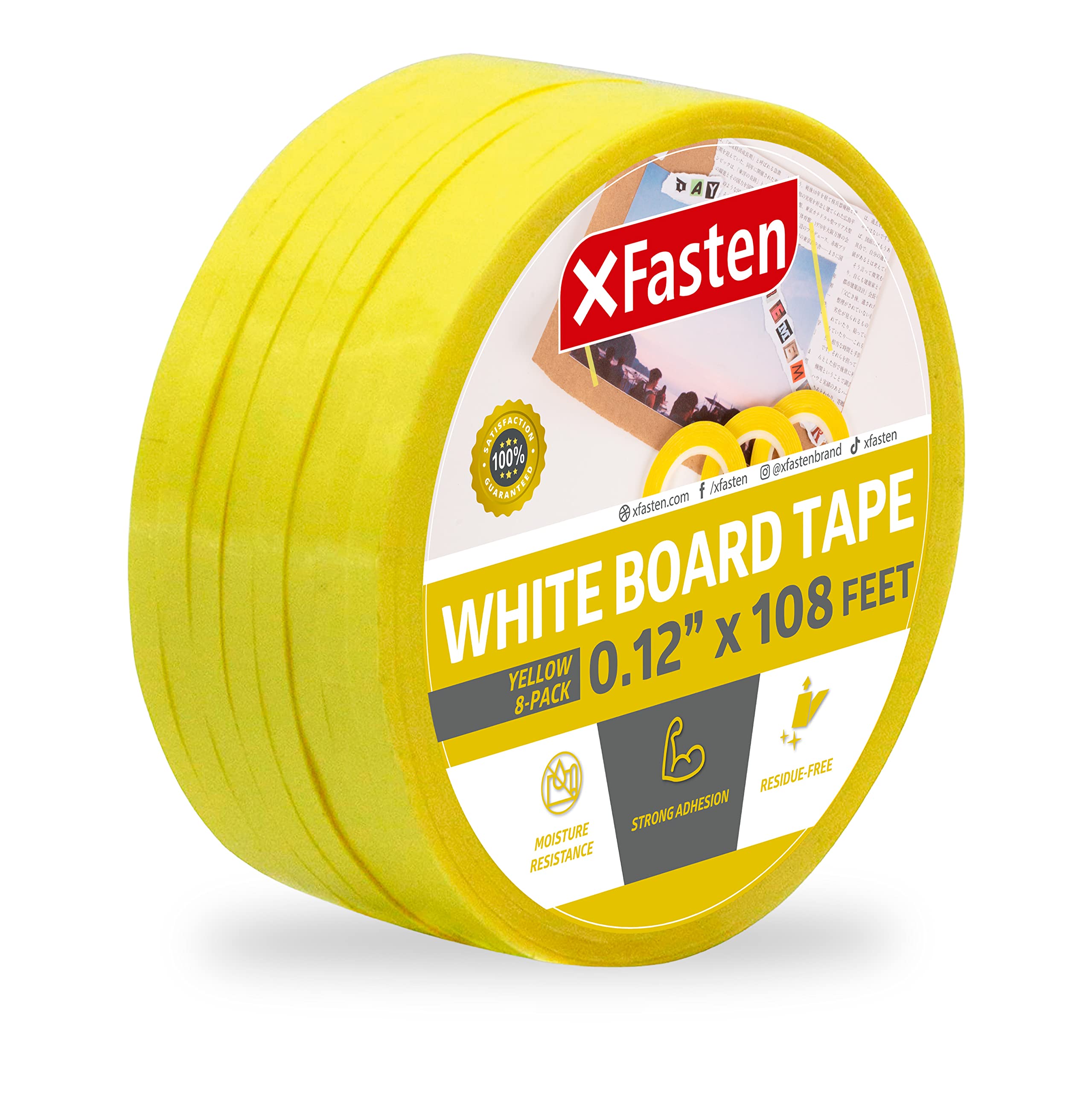 XFasten Yellow White Board Skinny Tape - 8 Rolls Thin Dry Erase Board Tape for Whiteboards, Automobiles & Violins | Draping Tape for Textiles & Arts | Indoor & Outdoor Pinstripe Tape - Perfect for Classrooms, Car Customization & Craft Projects