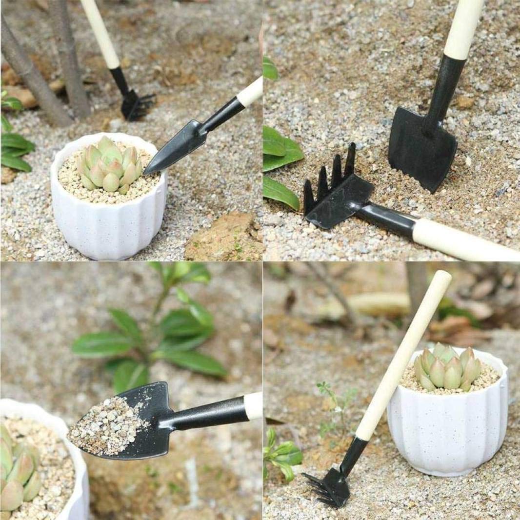 LUCACO Mini Garden Tool Set - 3 Piece Wooden Handle Shovel, Rake & Harrow for Kids | Durable Children's Gardening Tools for Planting, Weeding & Outdoor Activities