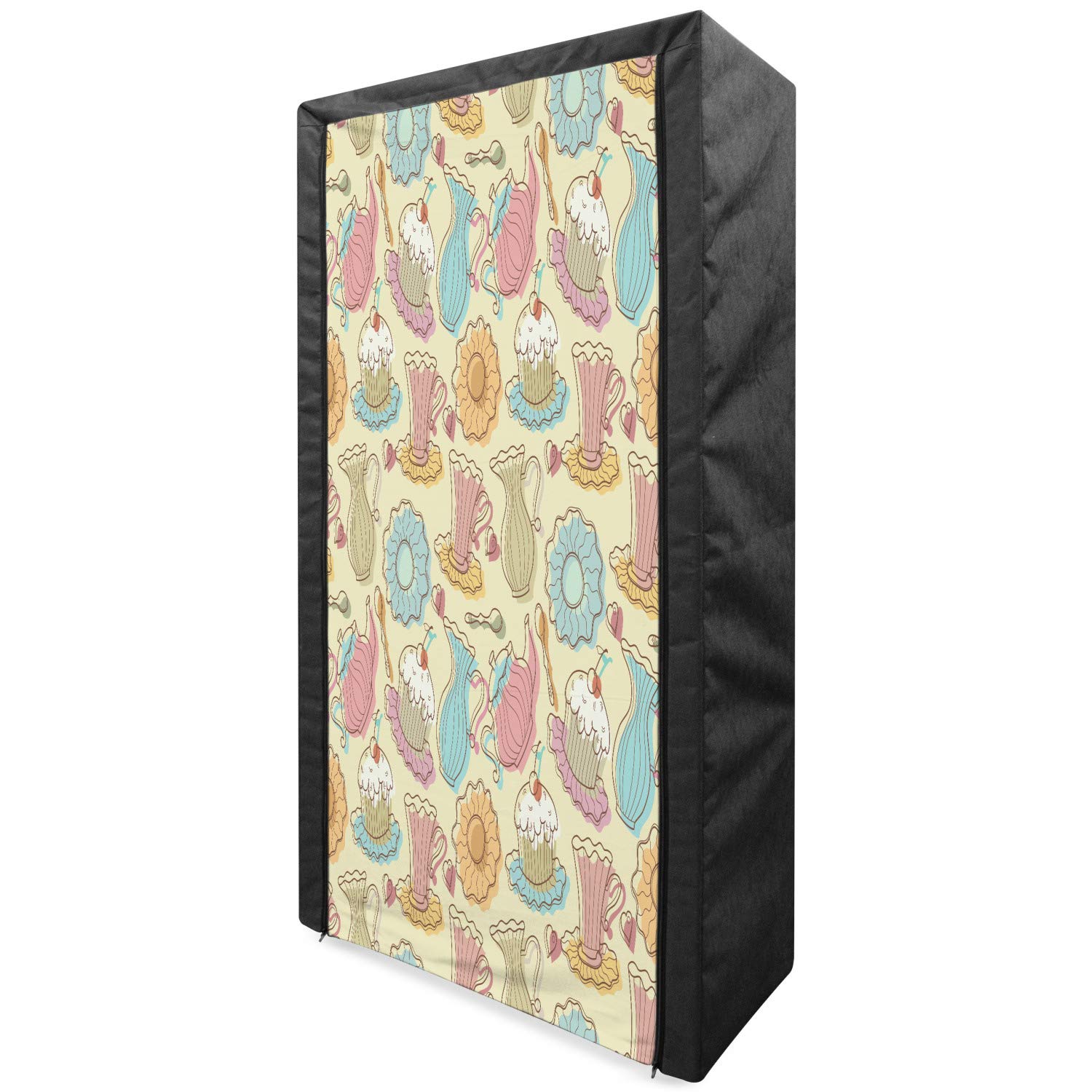 Ambesonne Tea Party Portable Fabric Wardrobe - Vintage Hand-Drawn Cupcake & Coffee Design, 33.5