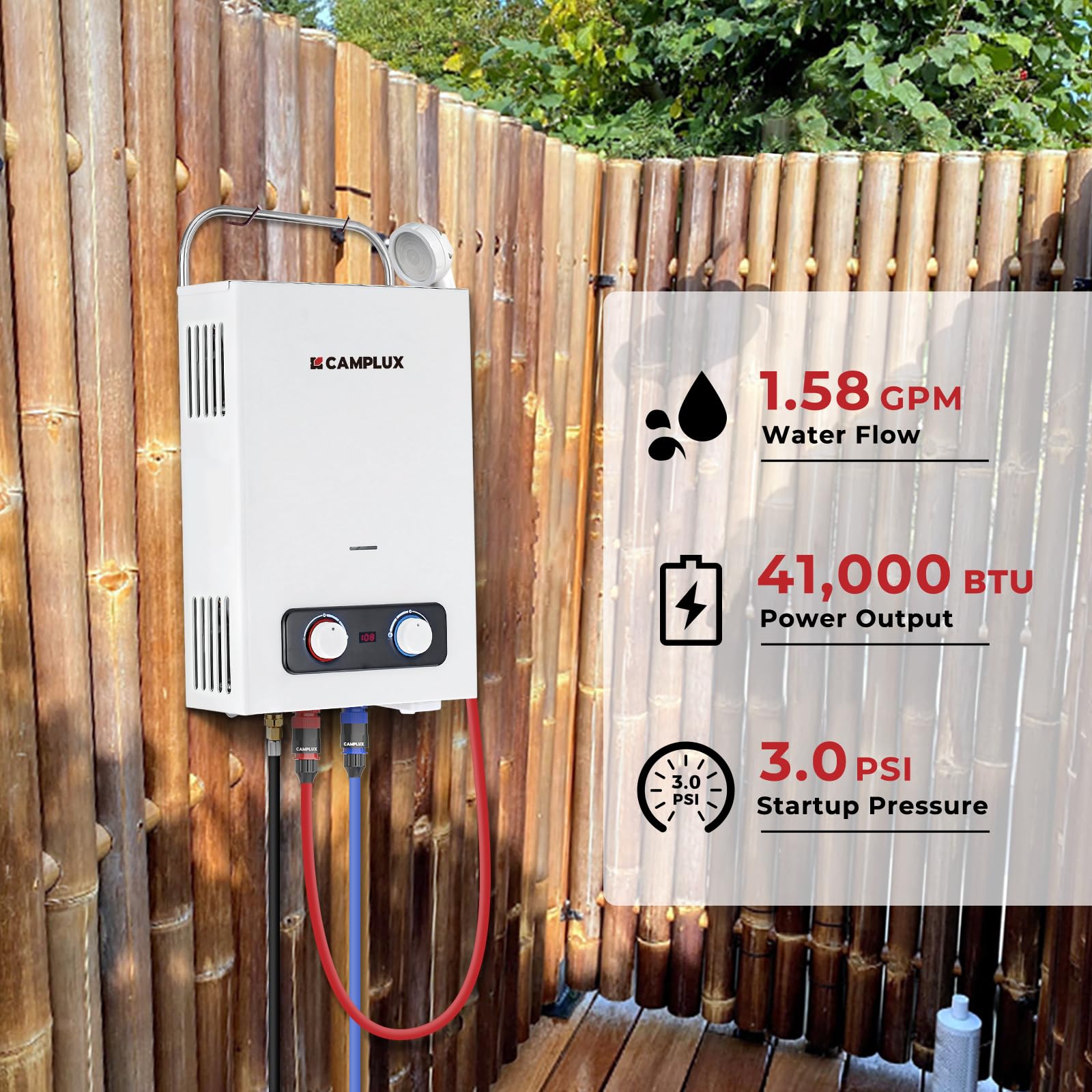 Camplux BD158 Portable Tankless Water Heater - 1.58 GPM Propane Gas Water Heater with Handle, 41,000 BTU for Outdoor Camping, RV, Cabin & Off-Grid Living | Instant Hot Water Solution for Showers, Washing & Outdoor Adventures