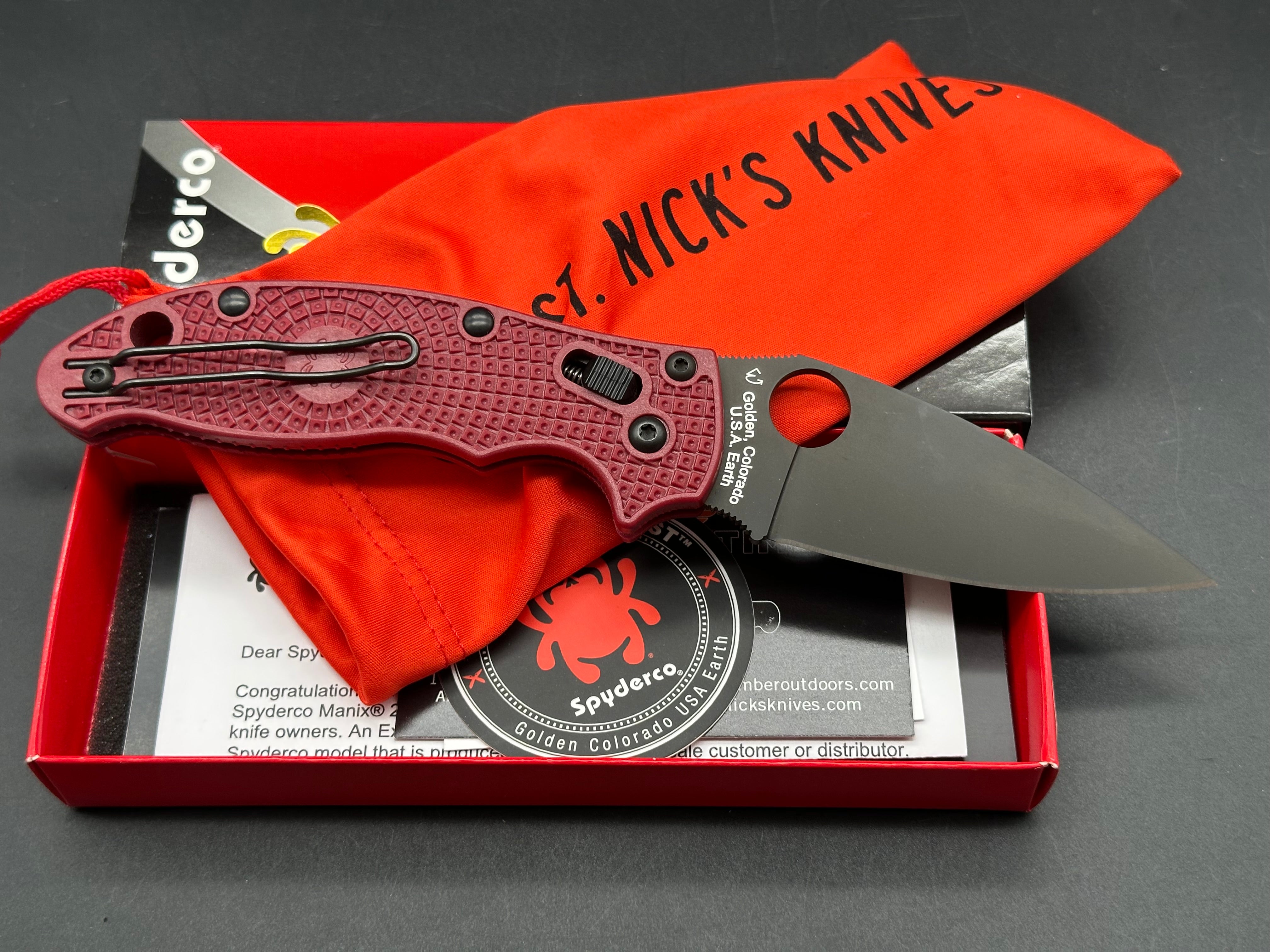 Spyderco Manix 2 Lightweight Folding Knife - St. Nick's Knives Exclusive 4V Black DLC Blade with Red FRN Handle (3.37
