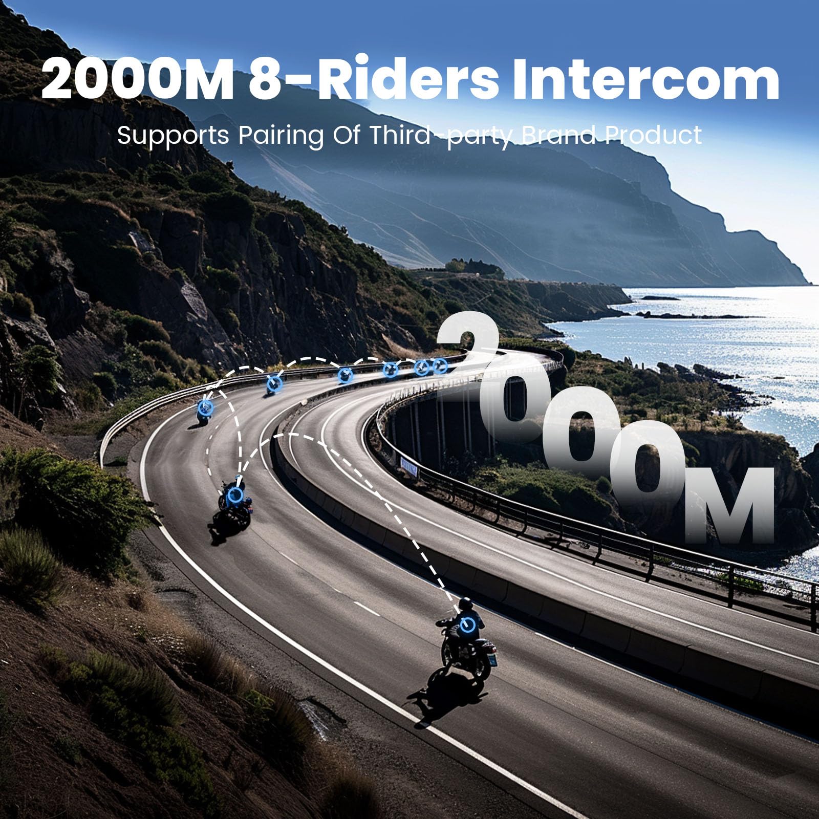2024 Shark Pro Motorcycle Bluetooth Headset - Upgraded Hi-Fi Speakers, 2000M Range for 8 Riders Intercom | Wireless Helmet Communication System for Group Riding, Touring & Commuting