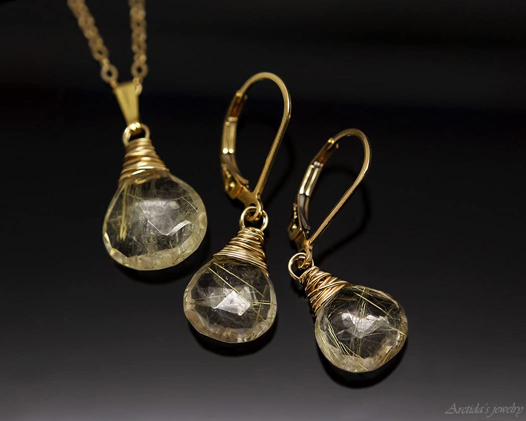 Golden Rutilated Quartz Earrings and Necklace Set - Natural Gemstone Jewelry with Gold Pendant - Elegant Rutile Quartz Gold Jewelry for Women - Perfect for Weddings, Parties & Special Occasions