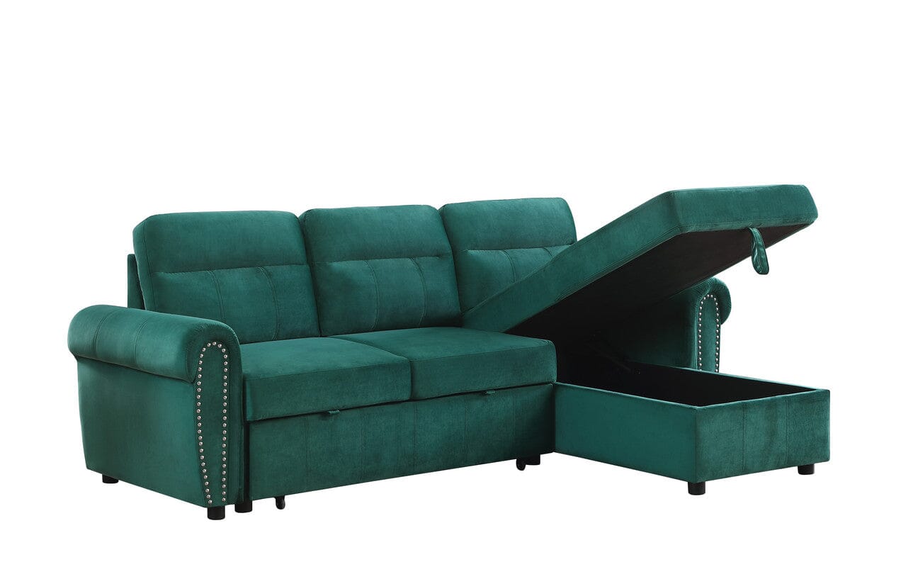 Luxury Ashton Green Velvet Reversible Sectional Sofa with Chaise Lounge - Modern Reversible Sleeper Sofa for Living Room, Home Theater & Small Spaces