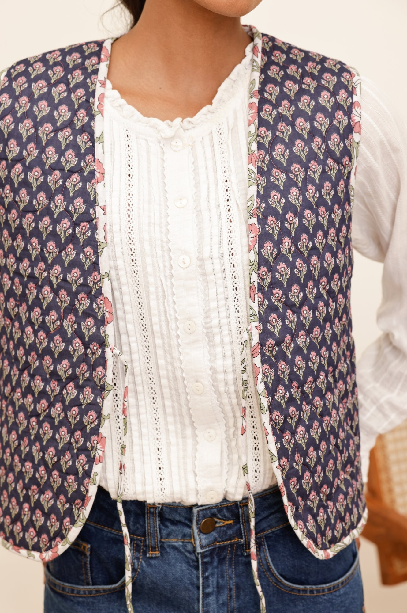 Arlo Quilted Organic Cotton Vest for Women - Primrose Stamp Navy/Pink - Lightweight Layering Piece for Spring & Fall Outfits