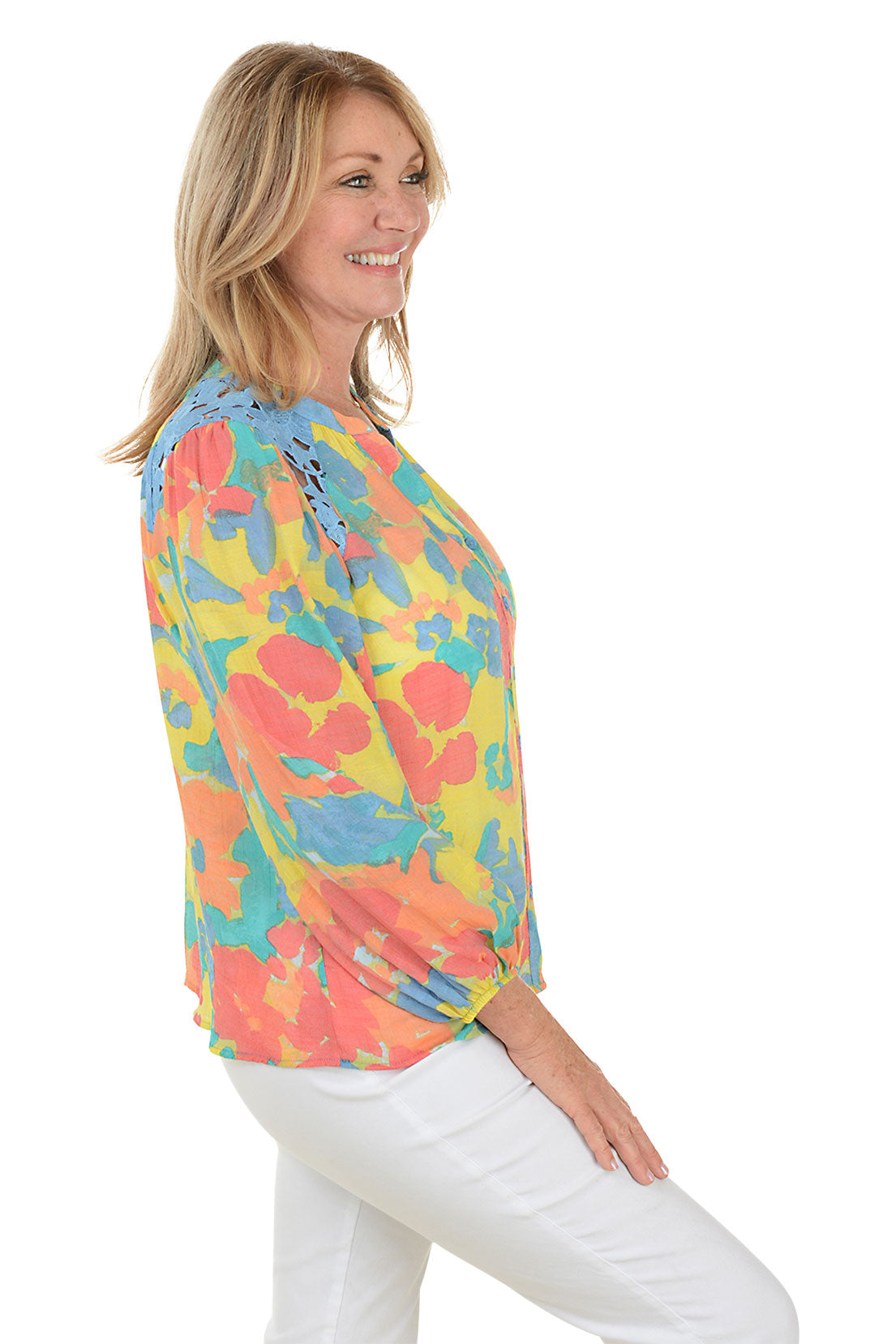 Elegant Bold Blooms Lace Shoulder Shirt for Women - Floral Embroidered Blouse for Spring & Summer, Perfect for Date Nights & Office Wear