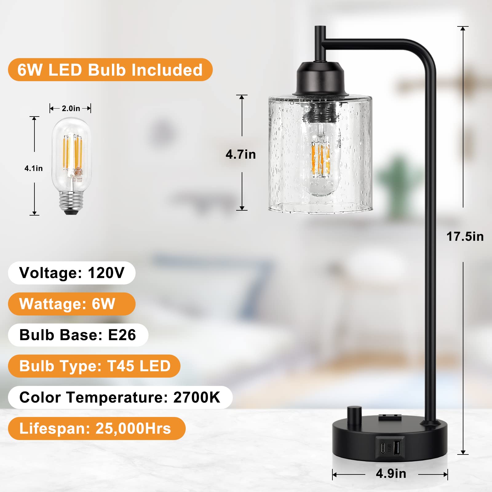 Industrial Bedside Table Lamp with USB C Charging Port - Dimmable Black Nightstand Lamp with Glass Shade for Bedroom, Office & Living Room | Perfect for Reading, Working & Charging Devices