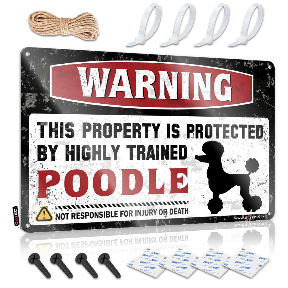 Funny Warning Sign - This Property is Protected by a Highly Trained Poodle - 30x40cm Metal Sign for Man Cave, Dog Lover Gifts & Home Decor - Perfect for Garage, Office or Backyard