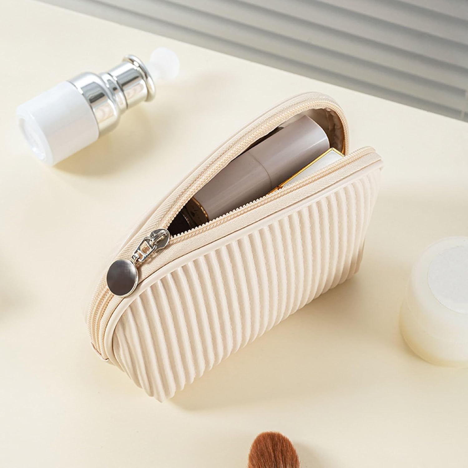 BLUE BEADS Small Quilted Makeup Bag for Women - Mini Cosmetic Pouch, Travel Beauty Organizer with Zipper - Portable Cute Handbag (Beige, 15x6.5x12 cm) - Perfect for Travel, Daily Makeup Storage & Gift Giving