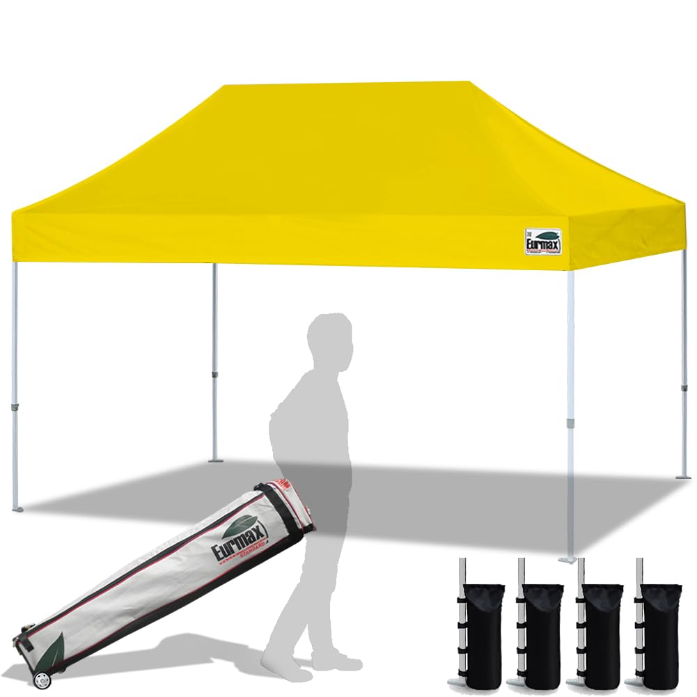 Eurmax USA 10'x15' Commercial Pop Up Canopy Tent - Heavy Duty Instant Shelter with Roller Bag & 4 Bonus Sand Weight Bags (Yellow) - Perfect for Outdoor Events, Farmers Markets, Beach Parties and Tailgating