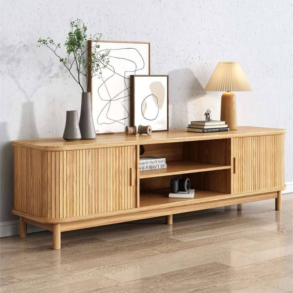 160cm Ribbed Natural Wood TV Stand Entertainment Center - Modern Media Console for Living Room, Bedroom & Home Theater