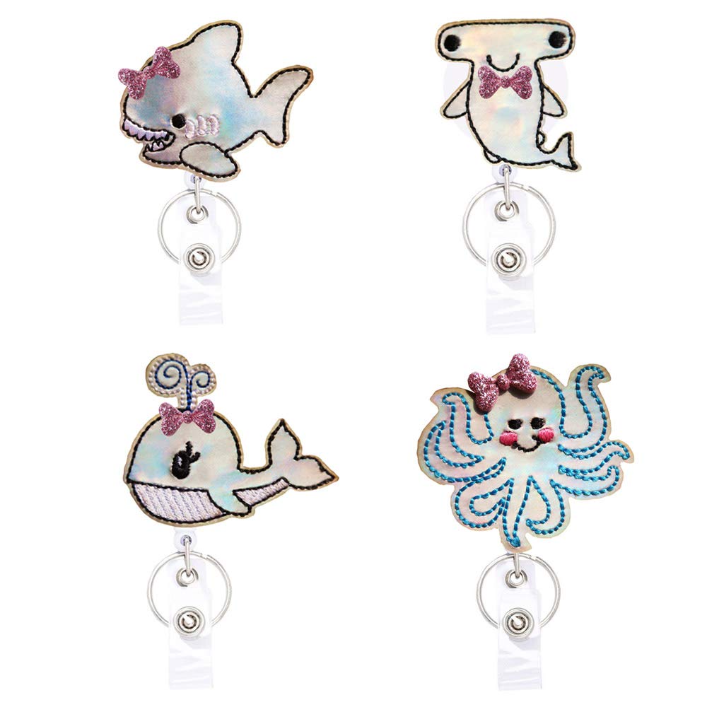 Valentine's Day Gifts for Students - Hammerhead Shark & Octopus Retractable Badge Reels with Reflective Sparkle Design, Alligator Clip & Key Ring (24in Thick Pull Cord) - Perfect for Teachers, Nurses, ID Holders & Office Workers