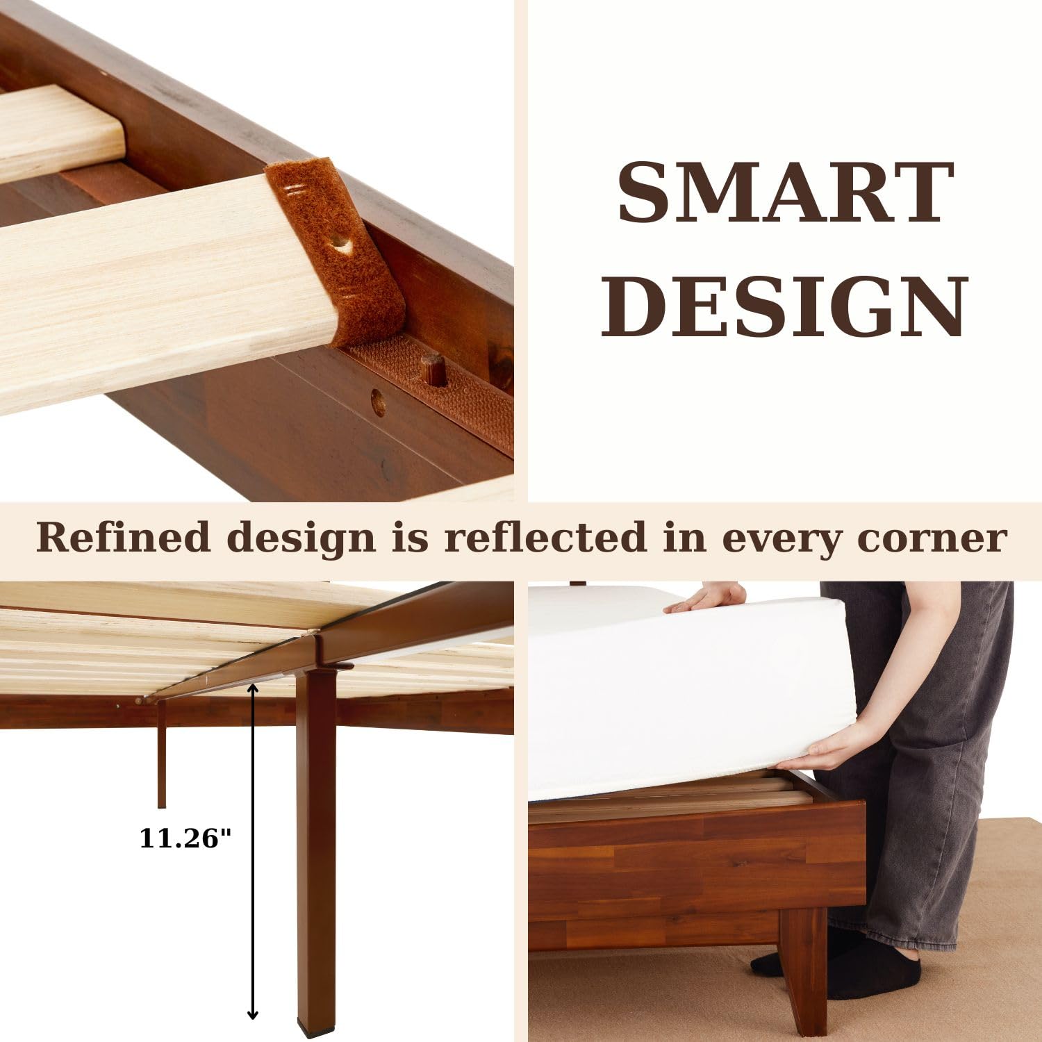 Bme Caden 15 Inch Deluxe Bed Frame with Adjustable Headboard - Mid Century Modern King Size Platform Bed - Solid Acacia Wood Construction - No Box Spring Needed - 12 Sturdy Wood Slats Support - Easy Assembly - Dark Chocolate Finish - Perfect for Master Bedroom, Guest Room & Modern Home Decor