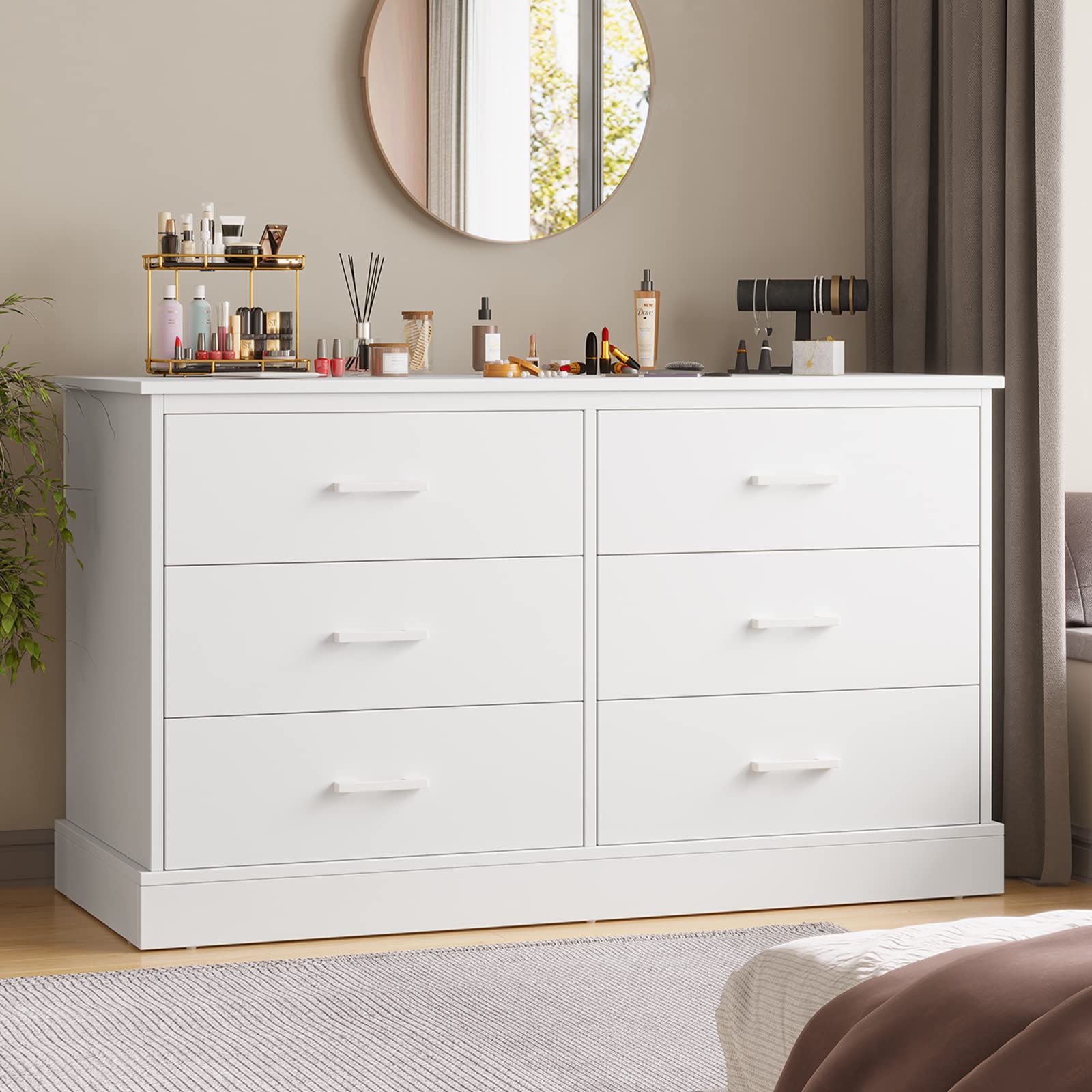 Hasuit White 6-Drawer Double Dresser - Solid Wood Bedroom Storage Tower with Sturdy Base | 6-Drawer Wide Chest Organizer for Clothes, Linens & Accessories | Perfect for Bedroom, Hallway, Entryway or Dorm Room Storage Solutions