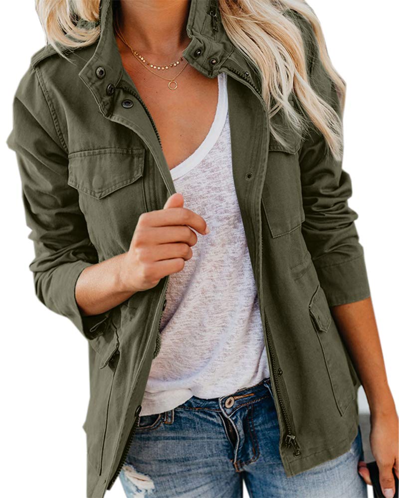 Soulomelody Women's Military Anorak Jacket - Lightweight Safari Utility Zip Up Hoodie with Pockets for Spring & Fall | Casual Outdoor, Hiking, Travel, Streetwear Fashion