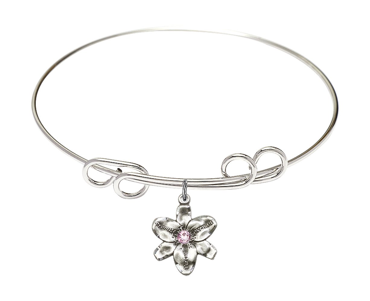 8 Inch Round Double Loop Bangle Bracelet with Chastity Medal Charm & Light Purple Crystal - Elegant Jewelry for Women, Perfect for Weddings, Proms, and Special Occasions