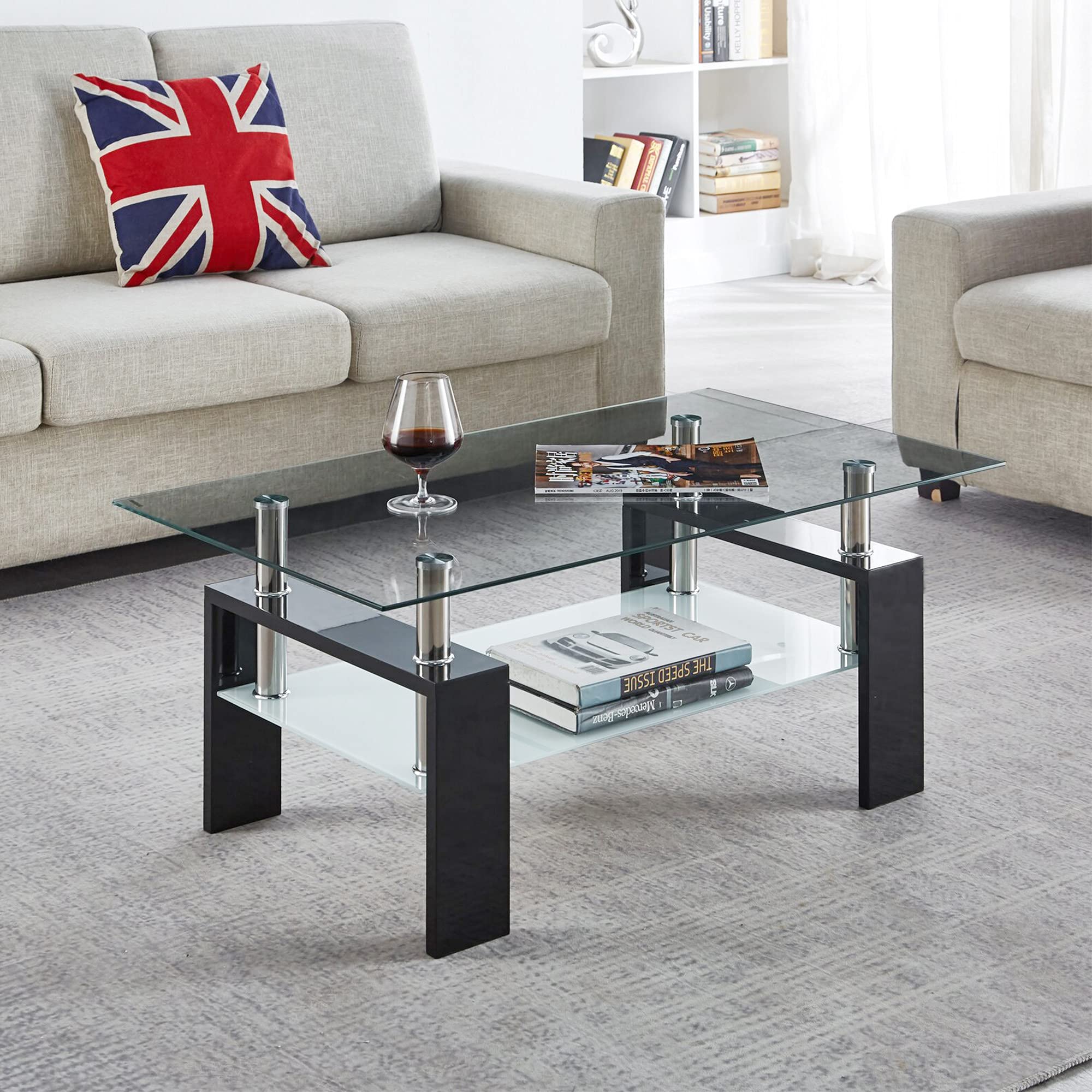 Modern Black Rectangle Glass Coffee Table with Metal Legs & Lower Shelf - Stylish Living Room Centerpiece for Home Decor, TV Lounge & Small Space Furniture