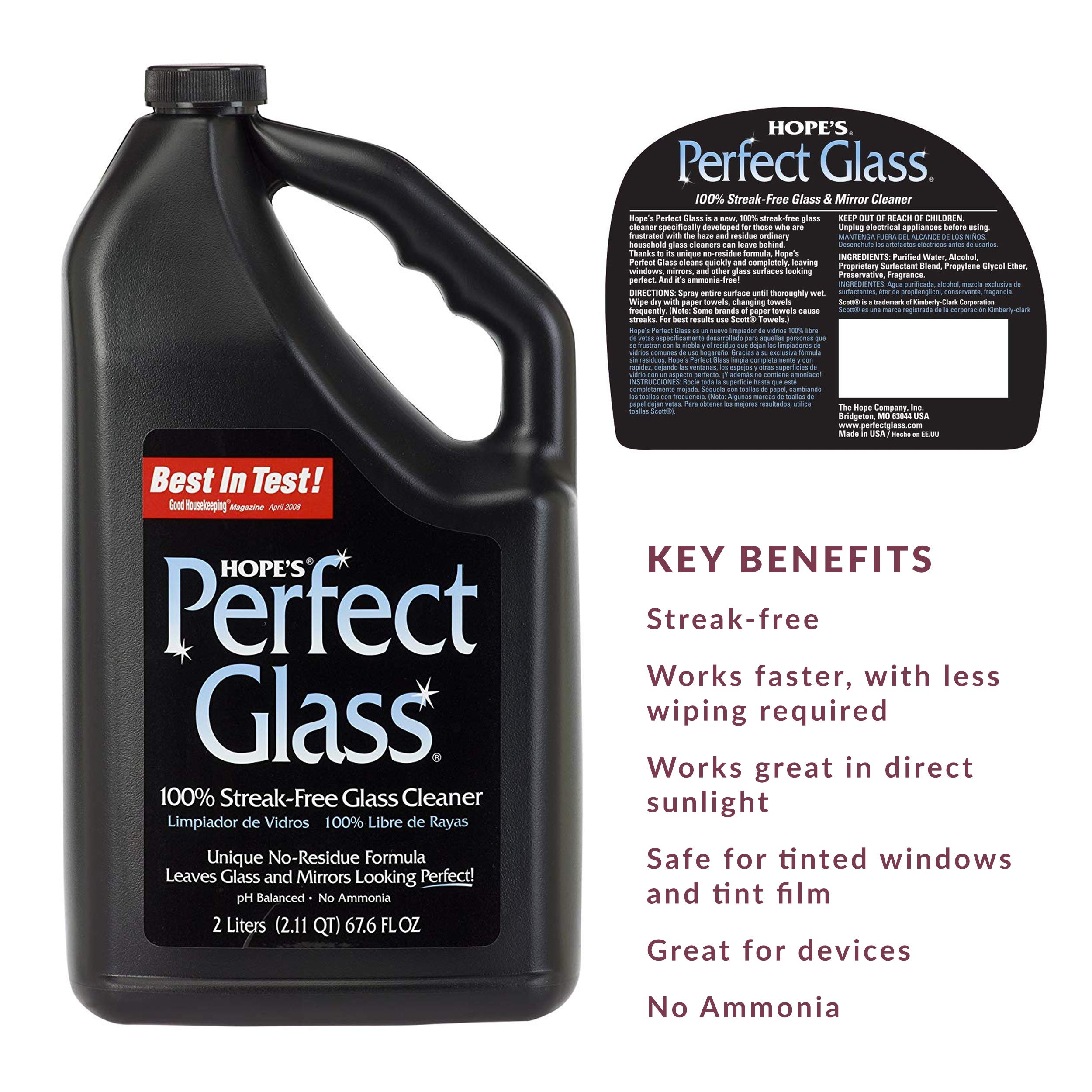 HOPE'S Perfect Glass Cleaner Refill - 67.6 oz Streak-Free Formula for Windows & Mirrors | Less Wiping, No Residue | Multi-Purpose Kitchen Cleaning Spray - 32 oz | Ideal for Home, Office & Commercial Use