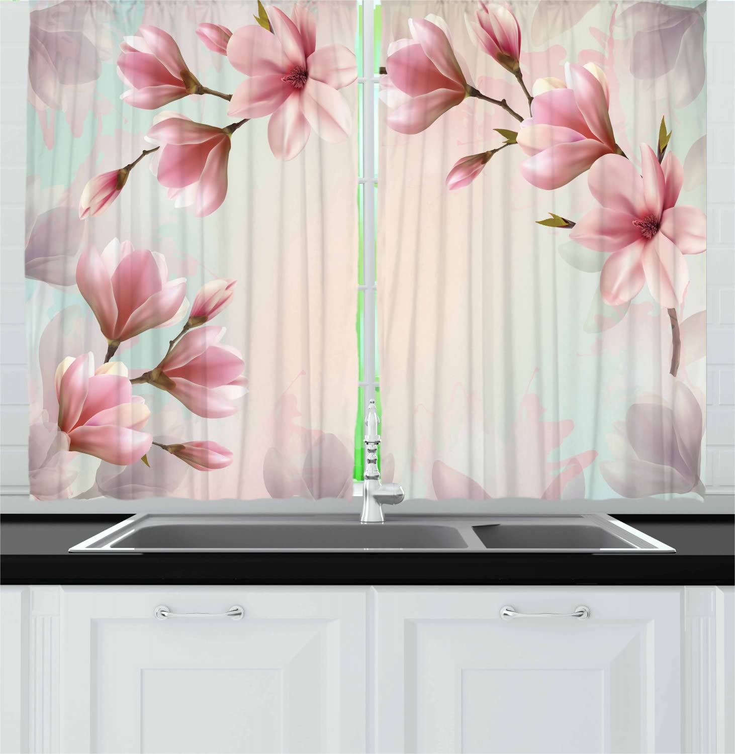 Ambesonne Magnolia Long Kitchen Curtains - Double Exposure Effect with Fragile Pink Petals & Sprouting Branches - 2 Panel Drapes with Rod Pocket - 55