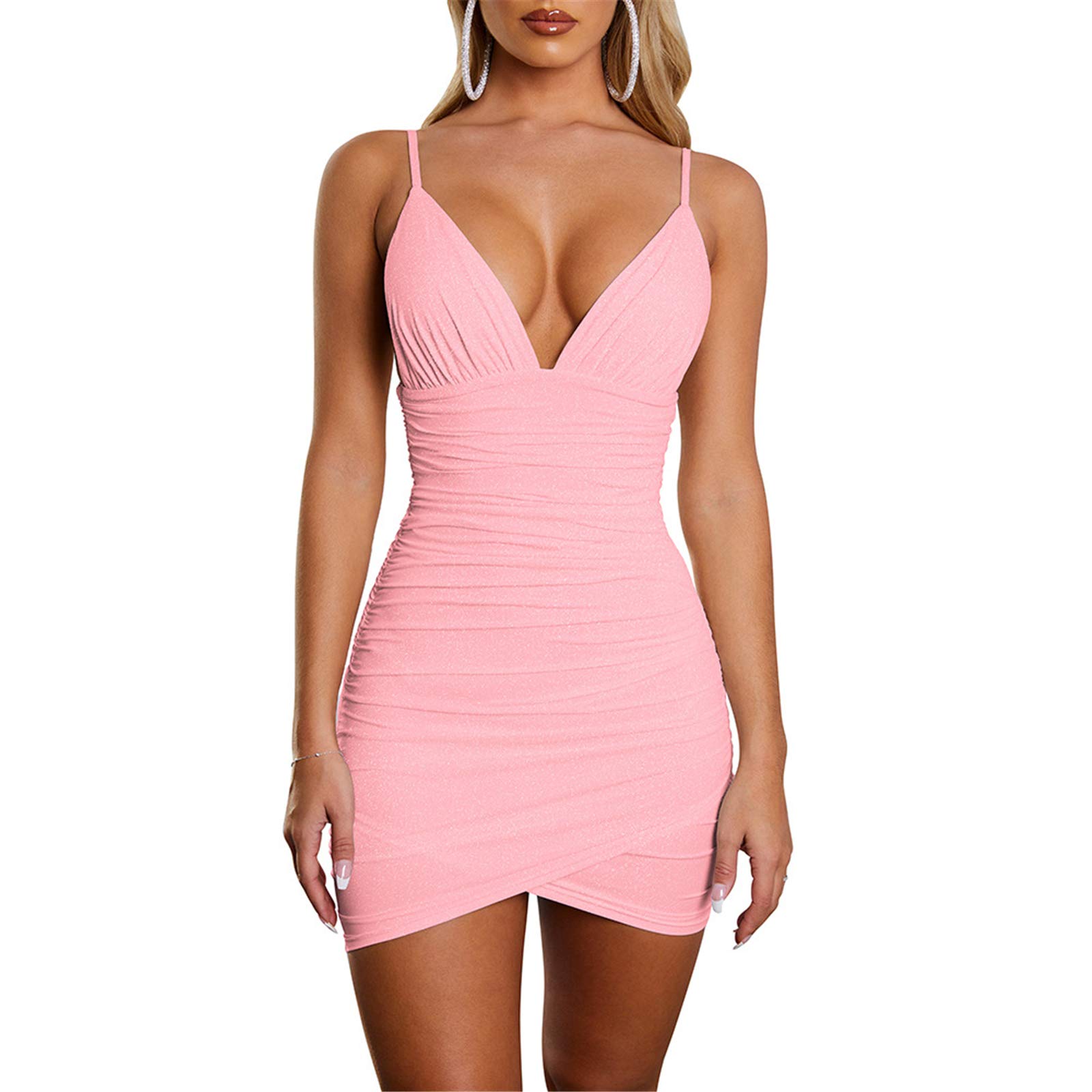 Sexy Women's Sleeveless Bustier Deep V Neck Silk Cami Bodycon Dress - Slim Fit Clubwear for Night Out, Party & Date Night - Pink