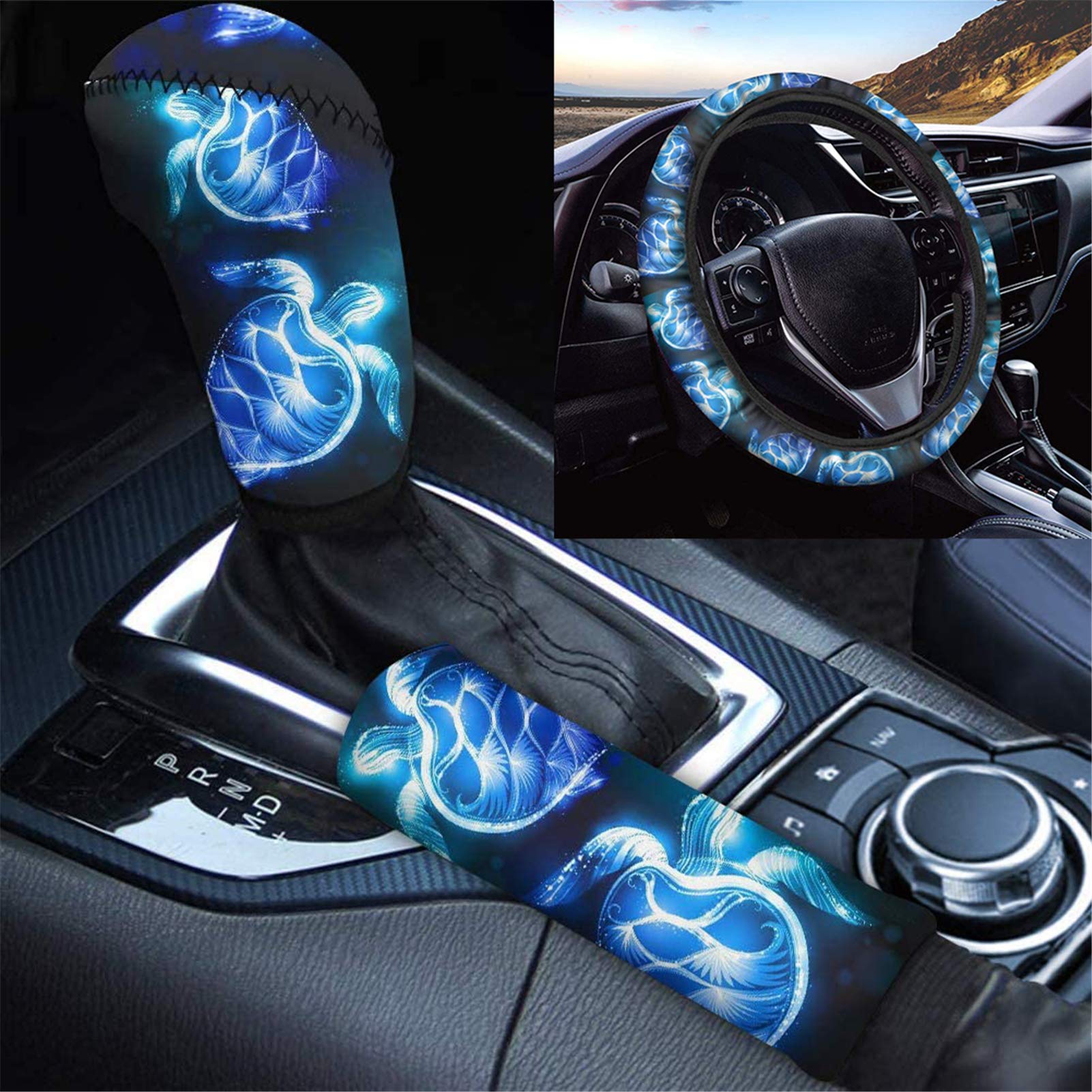 JOAIFO Neon Sea Turtle Print Car Steering Wheel Cover, Handbrake Cover & Gear Shift Cover Set (3-Piece) for SUV, Sedan, Van - Waterproof & Non-Slip Interior Accessories for Summer Beach Vibes & Road Trips
