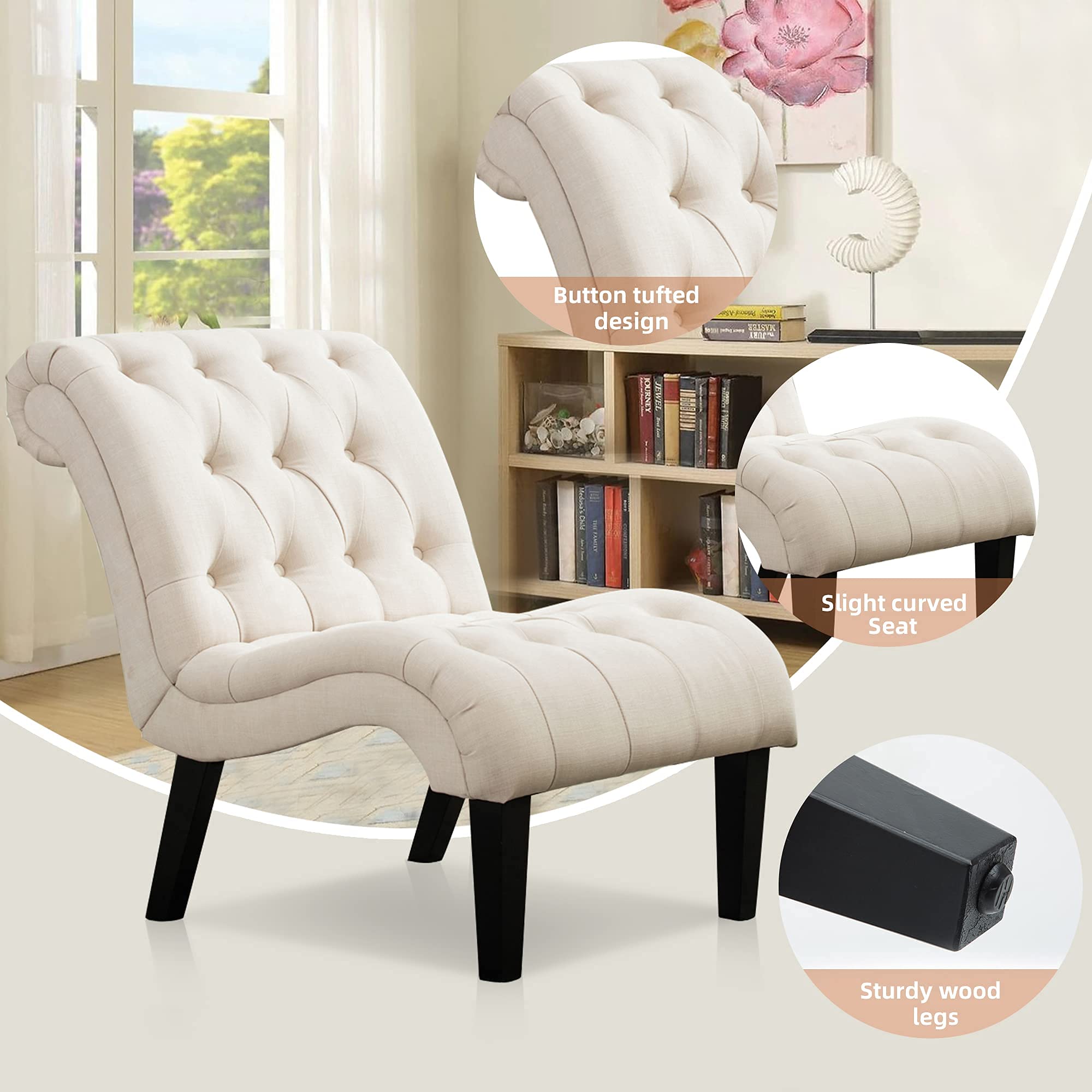 Yongqiang Tufted Upholstered Accent Chair with Wood Legs - Linen Fabric Lounge Chair for Bedroom, Living Room & Office - Perfect for Reading Nook, Cozy Corner or Guest Seating