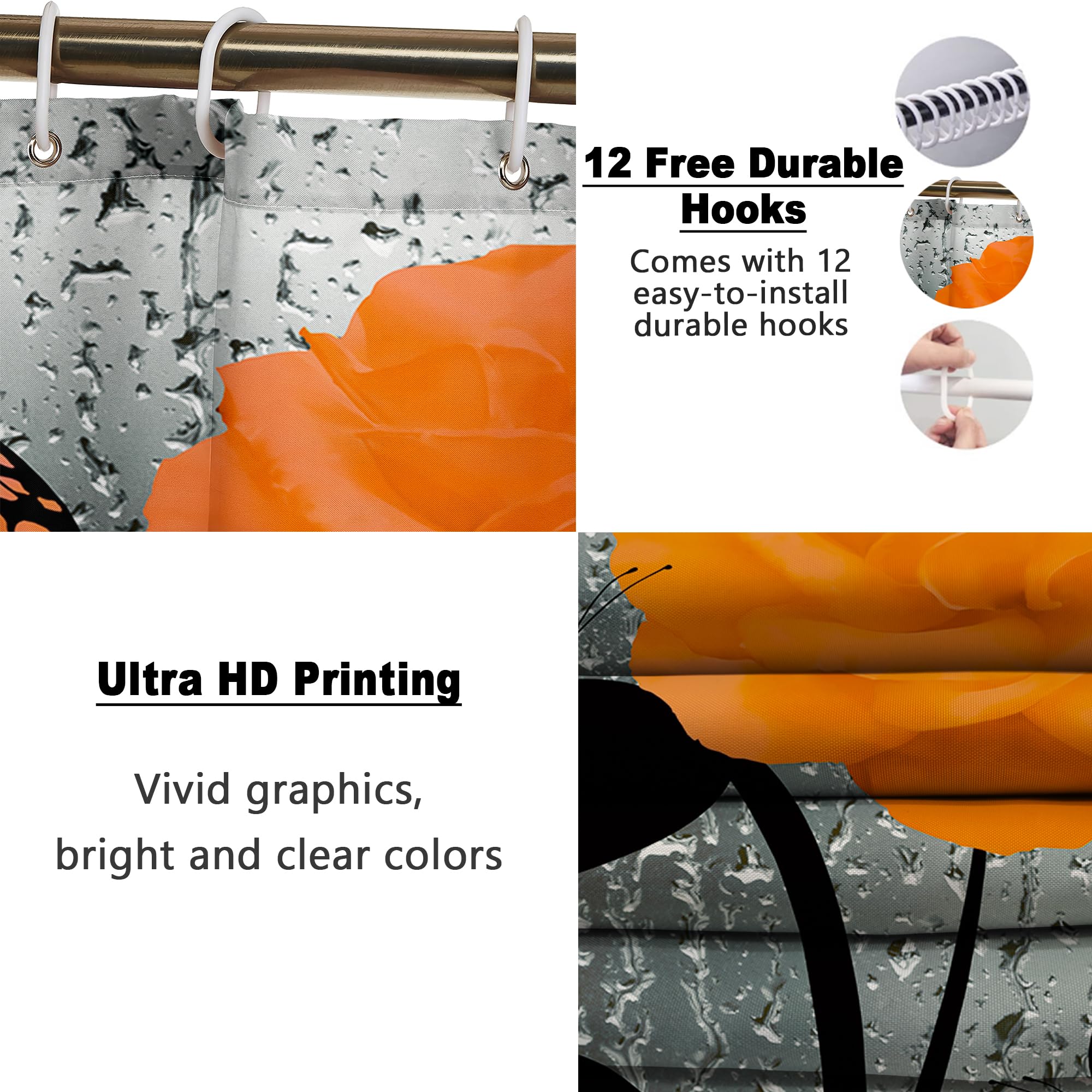 Poedist 4-Piece Orange Rose Bathroom Set - Romantic Shower Curtain with Matching Rugs (Bath Mat, U-Shape Mat & Toilet Cover) + 12 Hooks - Perfect for Master Bathroom, Guest Bath & Apartment Decor