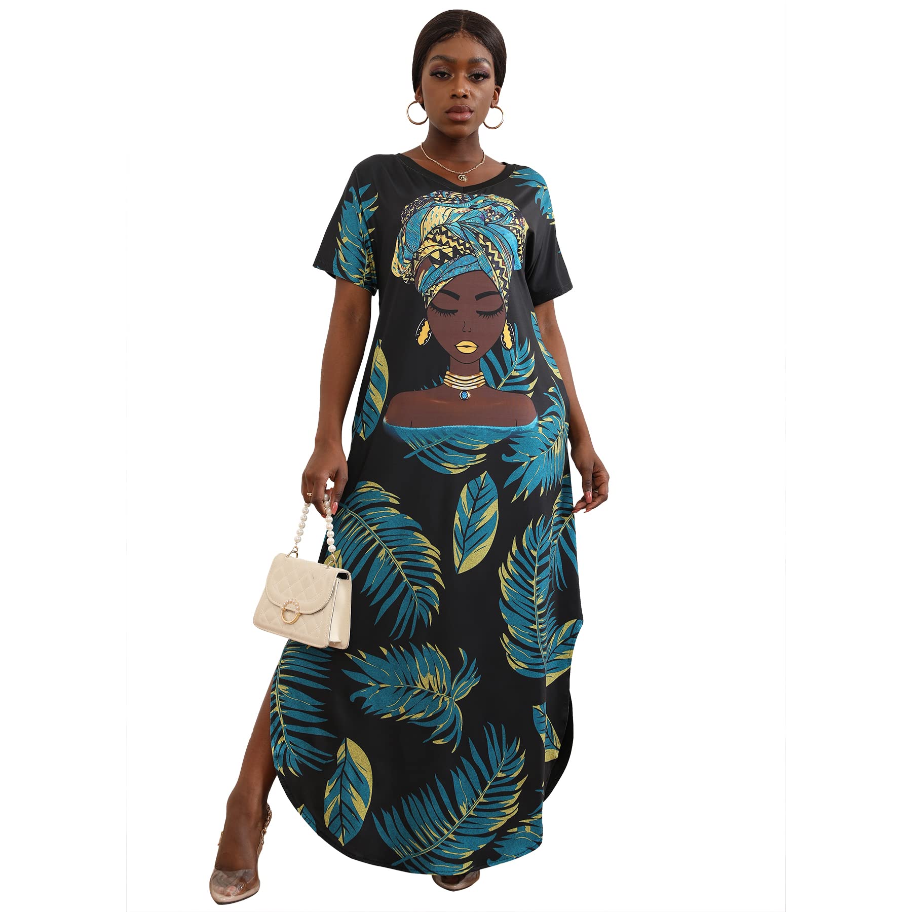 Stylish Black Women's Short Sleeve V-Neck Maxi Dress with African Melanin Girl Print | Floral Casual Long Dress for Summer, Beach, Parties & Everyday Wear