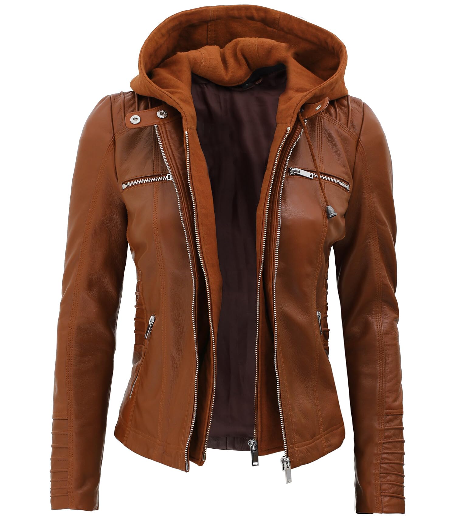 Genuine Lambskin Bomber Jacket for Women - Removable Hood, Stylish & Comfortable Leather Jacket - Perfect for Casual Outfits, Night Outs & Fall Fashion