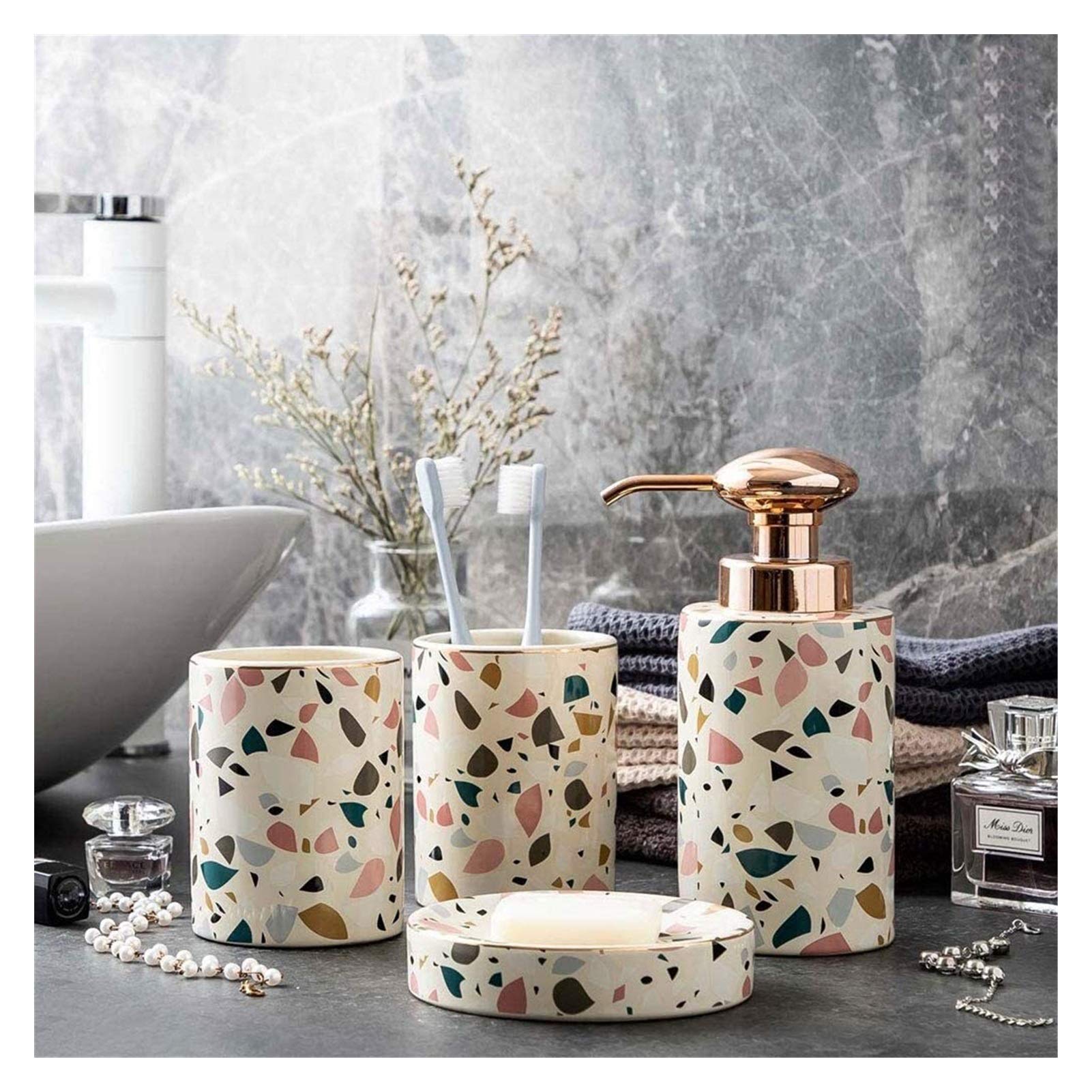 Premium 4-Piece Bathroom Soap Dispenser Set with Soap Dish, Lotion Dispenser & 2 Tumblers - Elegant Hotel Style Decor for Home, Spa, or Guest Bathroom