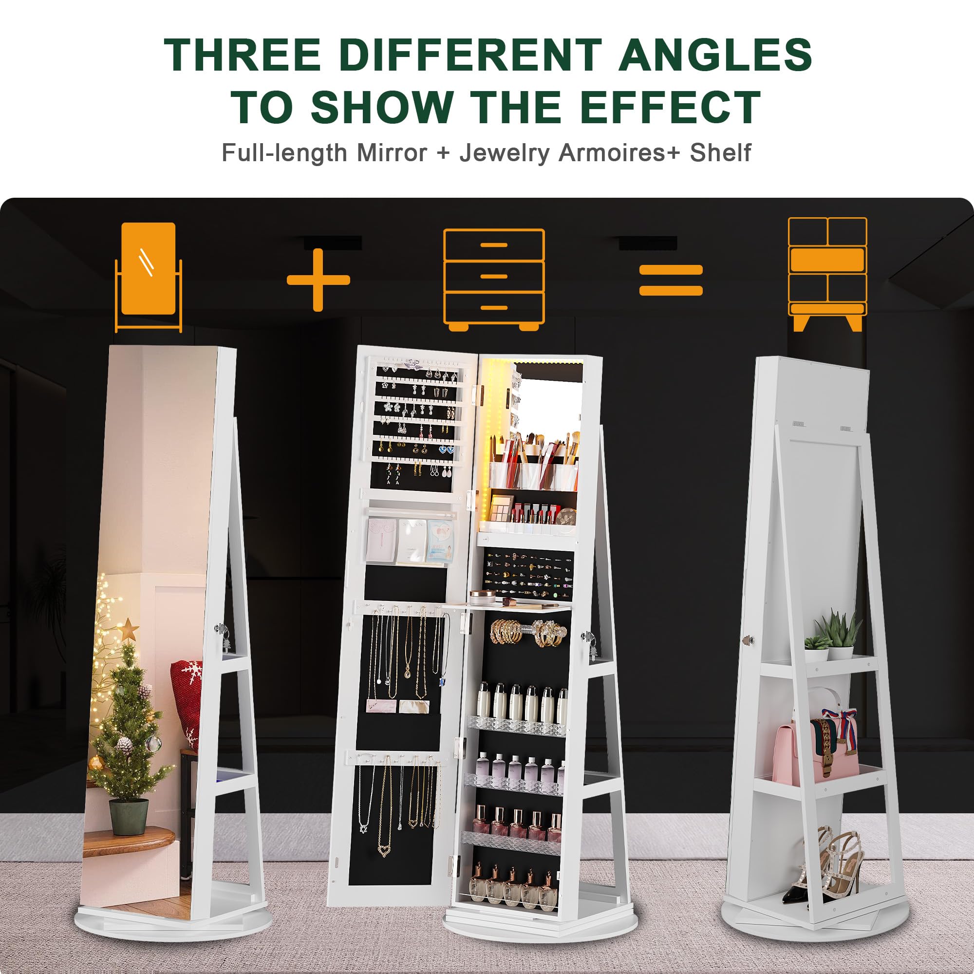 360° Rotating Jewelry Cabinet with LED Lights - 63