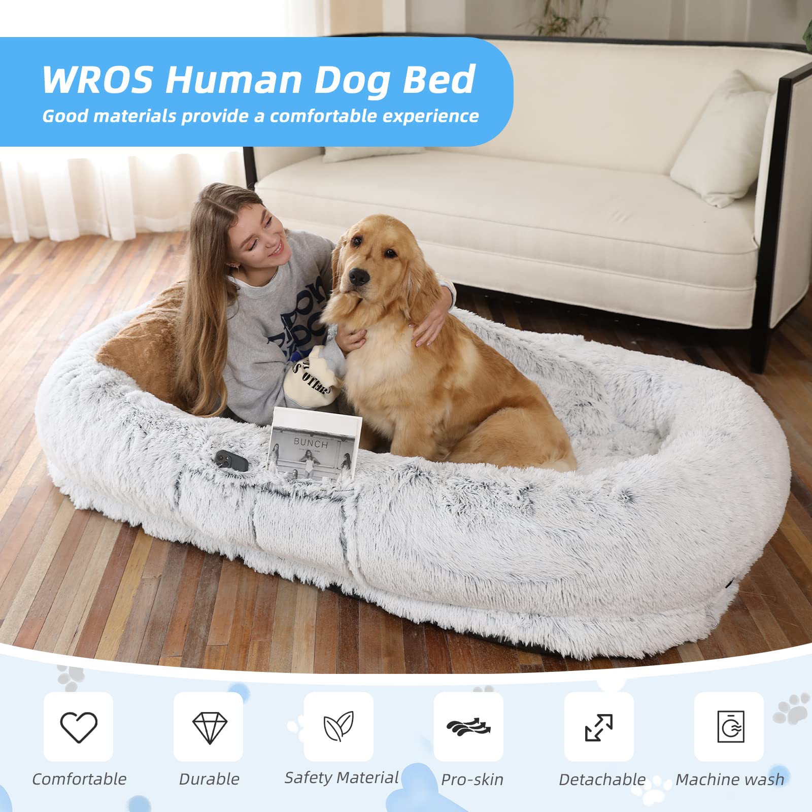 71x45x12 Inch Human Dog Bed - Washable Faux Fur Orthopedic Pet Bed for People & Dogs, Includes Plush Pillow & Blanket - Perfect for Napping, Lounging & Cuddling with Your Pet (Grey)