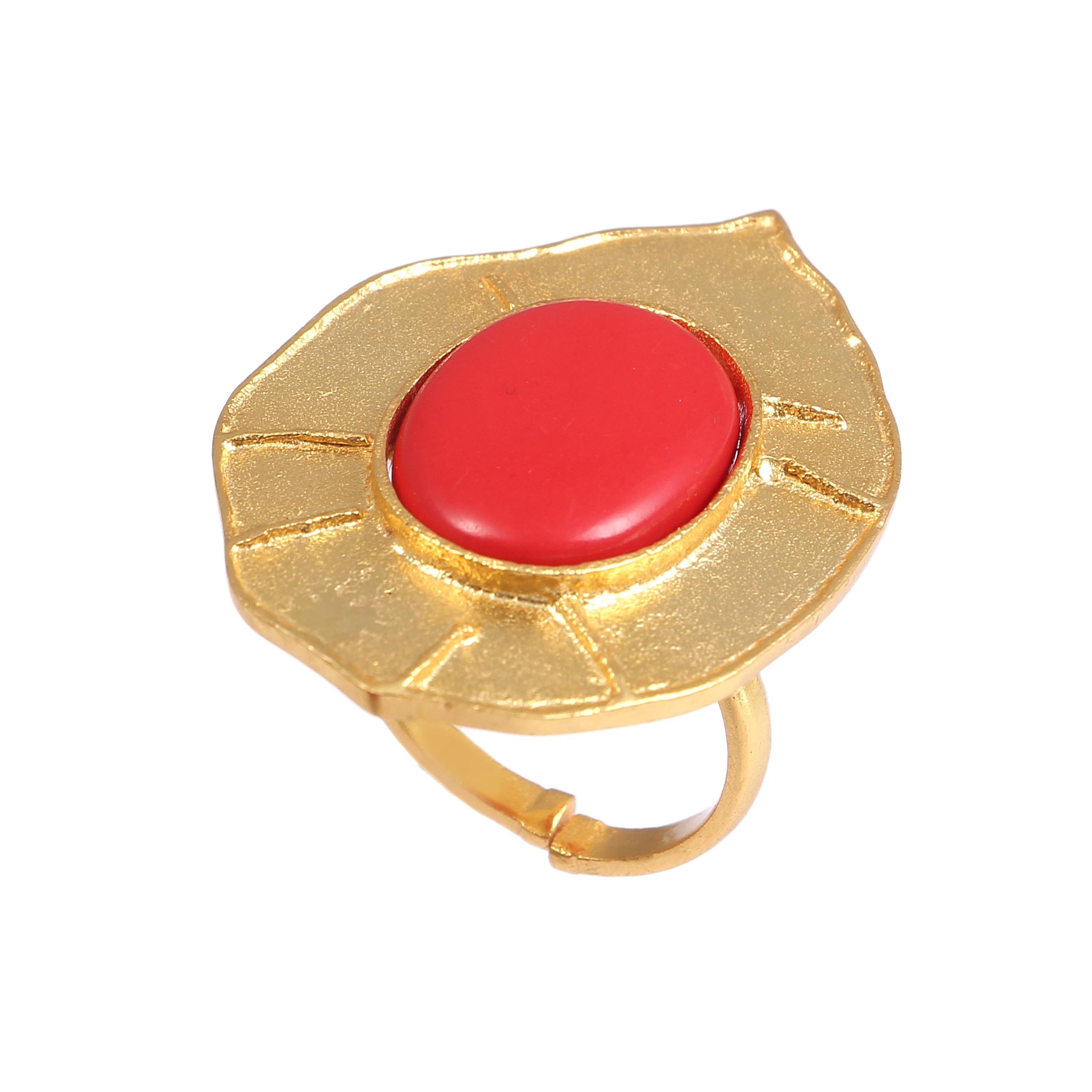 Handmade Boho Brass Gold Plated Oval Red Coral Gemstone Ring - Modern & Traditional Fashion Jewelry Gift for Women - Perfect for Weddings, Parties & Everyday Wear