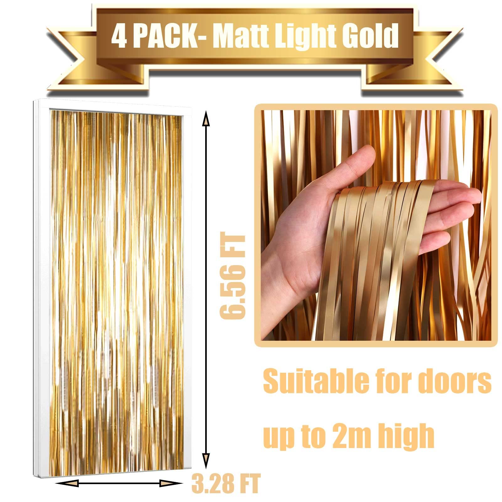 4 Pack Champagne Gold Foil Fringe Curtain Backdrop - 3.28Ft x 6.56Ft Metallic Tinsel Streamers for Wedding, Party, Holiday Decorations | Perfect for Birthday, Christmas, Halloween & Thanksgiving Celebrations