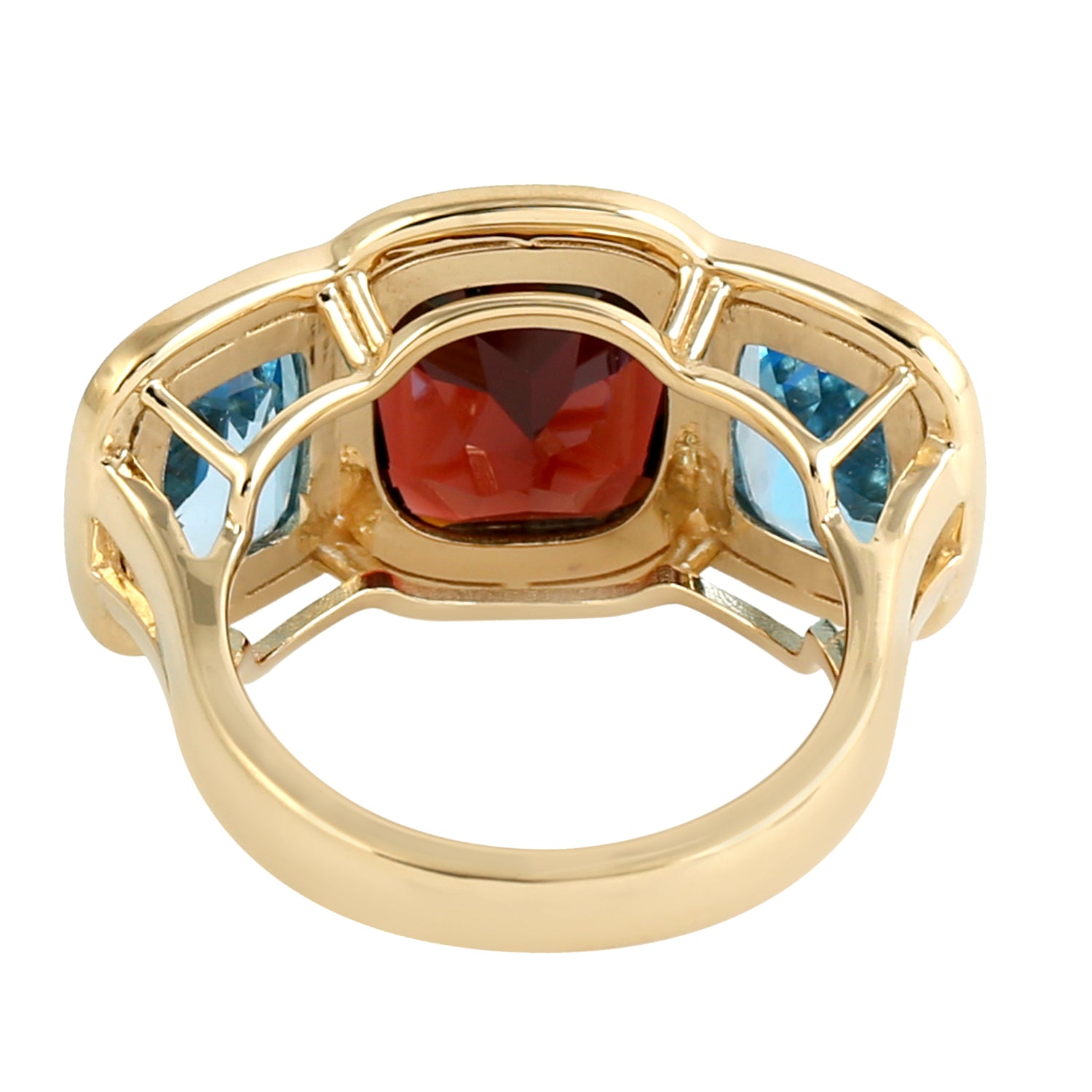 18k Yellow Gold Cushion Cut Blue Topaz & Garnet Three Stone Ring for Women – Elegant Gift for Anniversary, Engagement, or Special Occasion