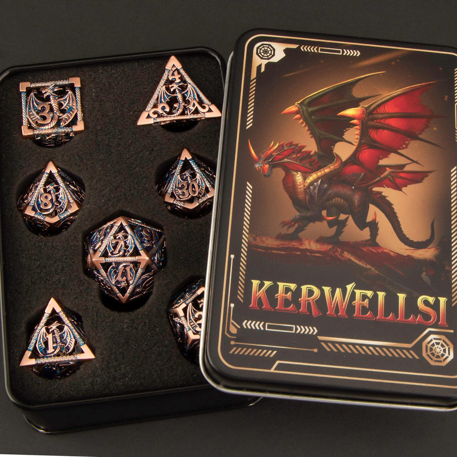 Premium Hollow Metal D&D Dice Set - 7-Piece Polyhedral RPG Dice (D20, D12, D10, D8, D6, D4) with Gift Box - Gold & Blue Dungeons and Dragons Dice for Tabletop Gaming, RPG Sessions & Collector's Display