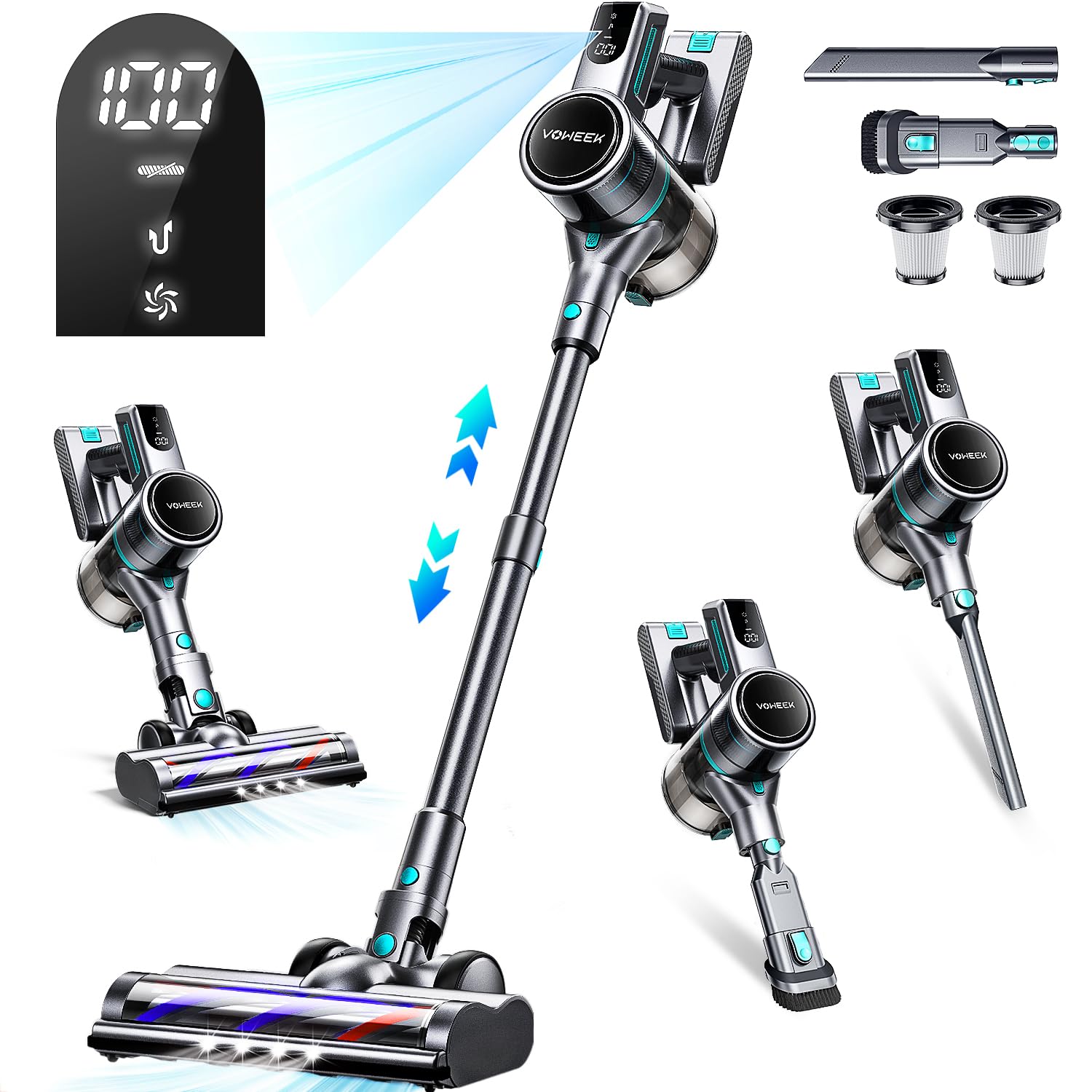 Voweek 30Kpa Powerful Cordless Stick Vacuum Cleaner with LED Display - 45 Min Runtime, 8-in-1 for Pet Hair, Carpet & Hard Floors - Lightweight for Home, Car & Stairs Cleaning