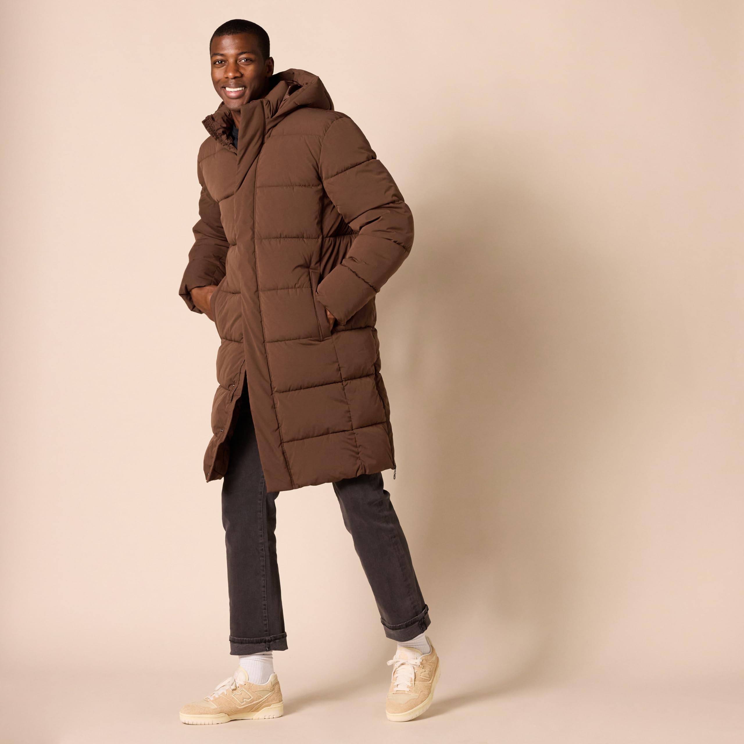 Amazon Essentials Men's Hooded Long Puffer Coat - Lightweight Winter Jacket with Warm Insulation for Outdoor Activities, Hiking, and Cold Weather Commuting