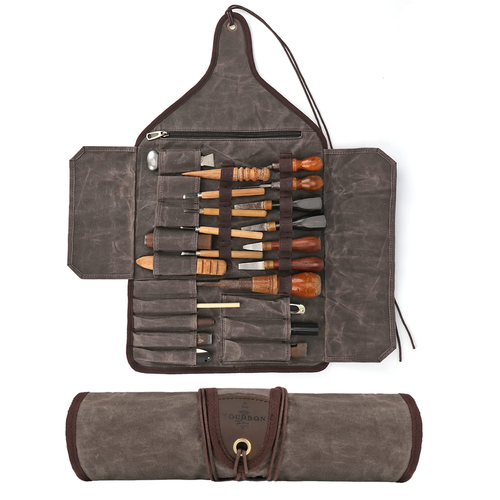 TOURBON Waxed Canvas Tool Roll Up Bag - 25-Pocket Wood Carving Chisel Organizer & Multi-Purpose Tool Pouch with Zipped Compartments - Perfect for Woodworking, DIY Projects & Outdoor Tool Storage