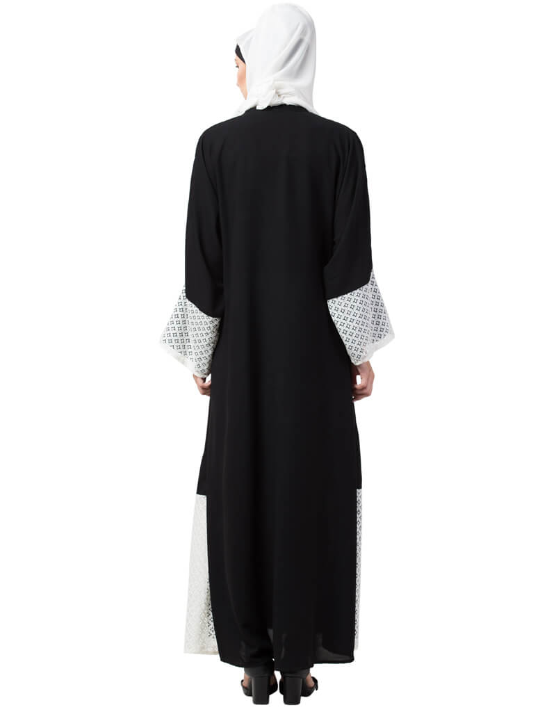 Elegant Black Arabic Abaya with Embroidered Bottom & Sleeves + Front Jacket - Modest Islamic Dress for Prayer & Special Occasions