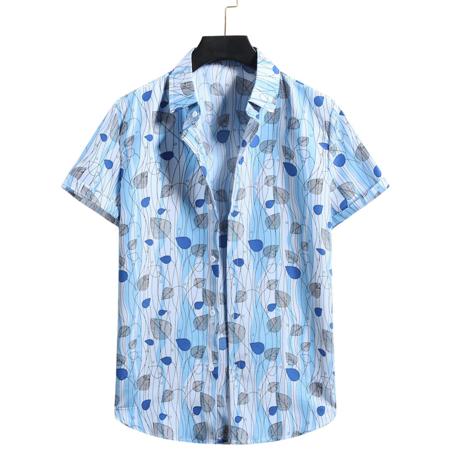 AMZFDC Men's Hawaiian Floral Cardigan Short Sleeve Turtleneck Beach Shirt with Sequins - Blue Size S | Perfect for Tropical Vacations, Summer Parties & Casual Beach Wear