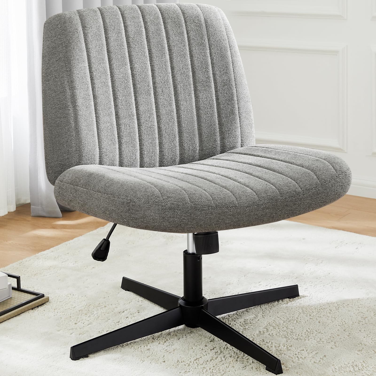 DUMOS Criss Cross Legged Office Chair - Armless Wide Seat Swivel Chair with Height Adjustment, Modern Fabric Desk Chair for Home Office, Bedroom & Vanity Use - No Wheels Design