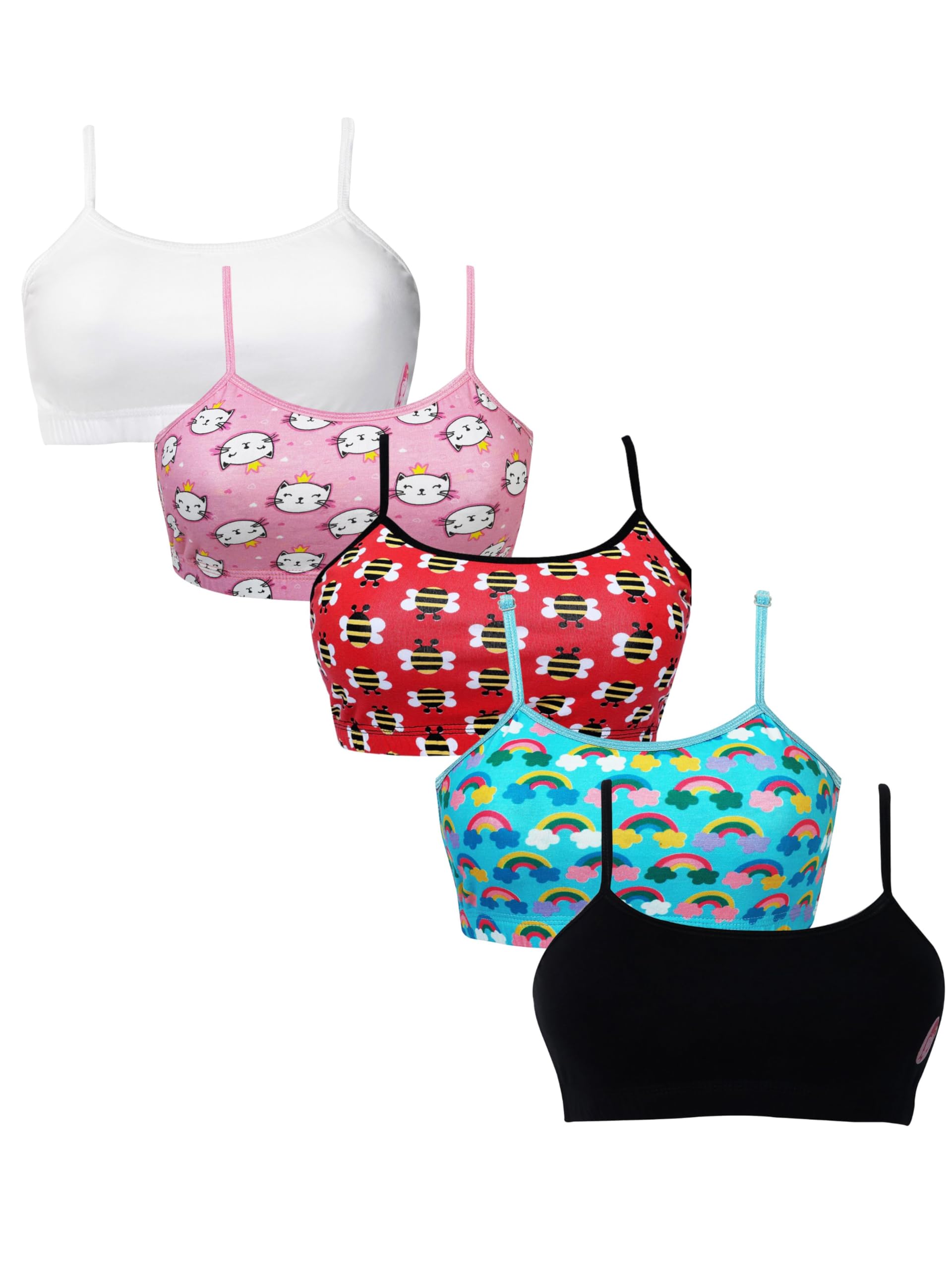 DChica Girls Summer Training Bra 5-Pack - Seamless Cotton Stretch Crop Top for Teens - Comfortable Sports Bras for Yoga, Gym & Everyday Wear