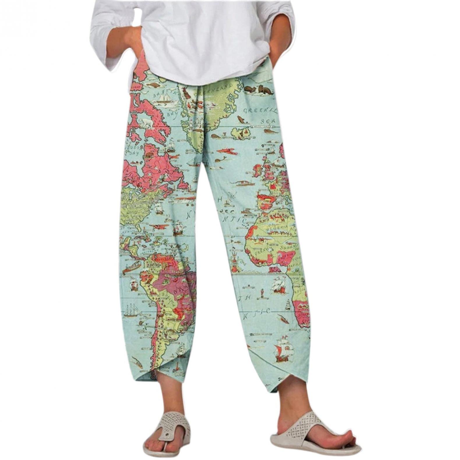 Women's Vintage World Map Print Linen Harem Pants - Loose Fit Capris & Cropped Long Pants for Casual Wear, Travel & Boho Fashion