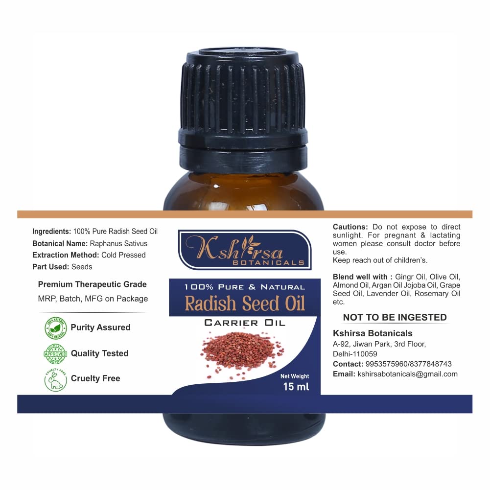Organic Radish Seed Oil (Raphanus Sativus) - 100% Pure Cold Pressed for Skin Care, Hair Growth & Aromatherapy - 15ml Natural Essential Oil for Face Moisturizer, Scalp Treatment & Massage Therapy
