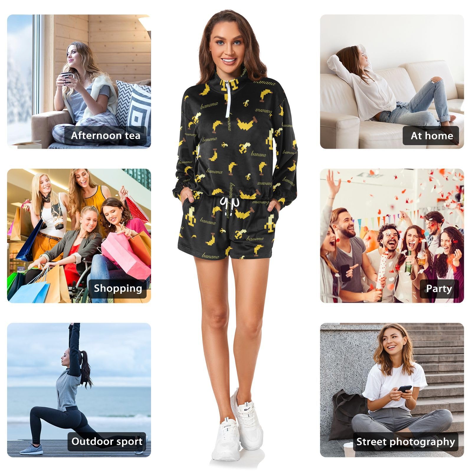 Women's Casual Sweatshirt and Lounge Shorts Set - Digital Banana Print - Perfect for Relaxing at Home, Yoga, and Weekend Outings