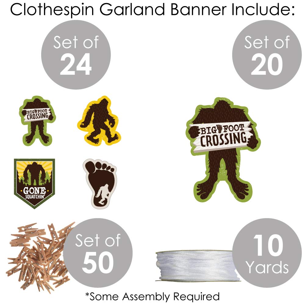 Bigfoot Party Decorations - DIY Sasquatch Crossing Banner Kit with 44-Piece Clothespin Garland - Perfect for Birthday Parties, Baby Showers & Outdoor Themed Events