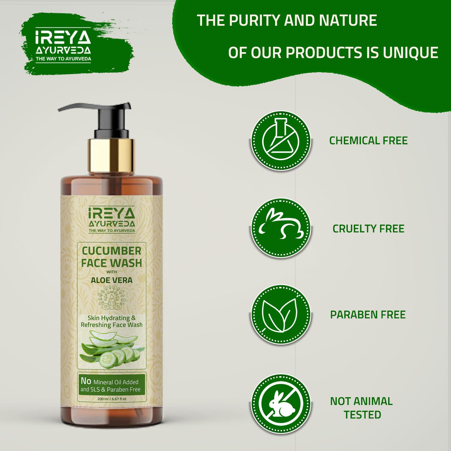 Cucumber Aloe Vera Face Wash 200ml - Natural & Vegan Facial Cleanser for Men & Women - With Cucumber Extract & Aloe Vera Gel - Pure, Cruelty-Free Skincare by Ireya Ayurveda - Perfect for Daily Cleansing & Hydration